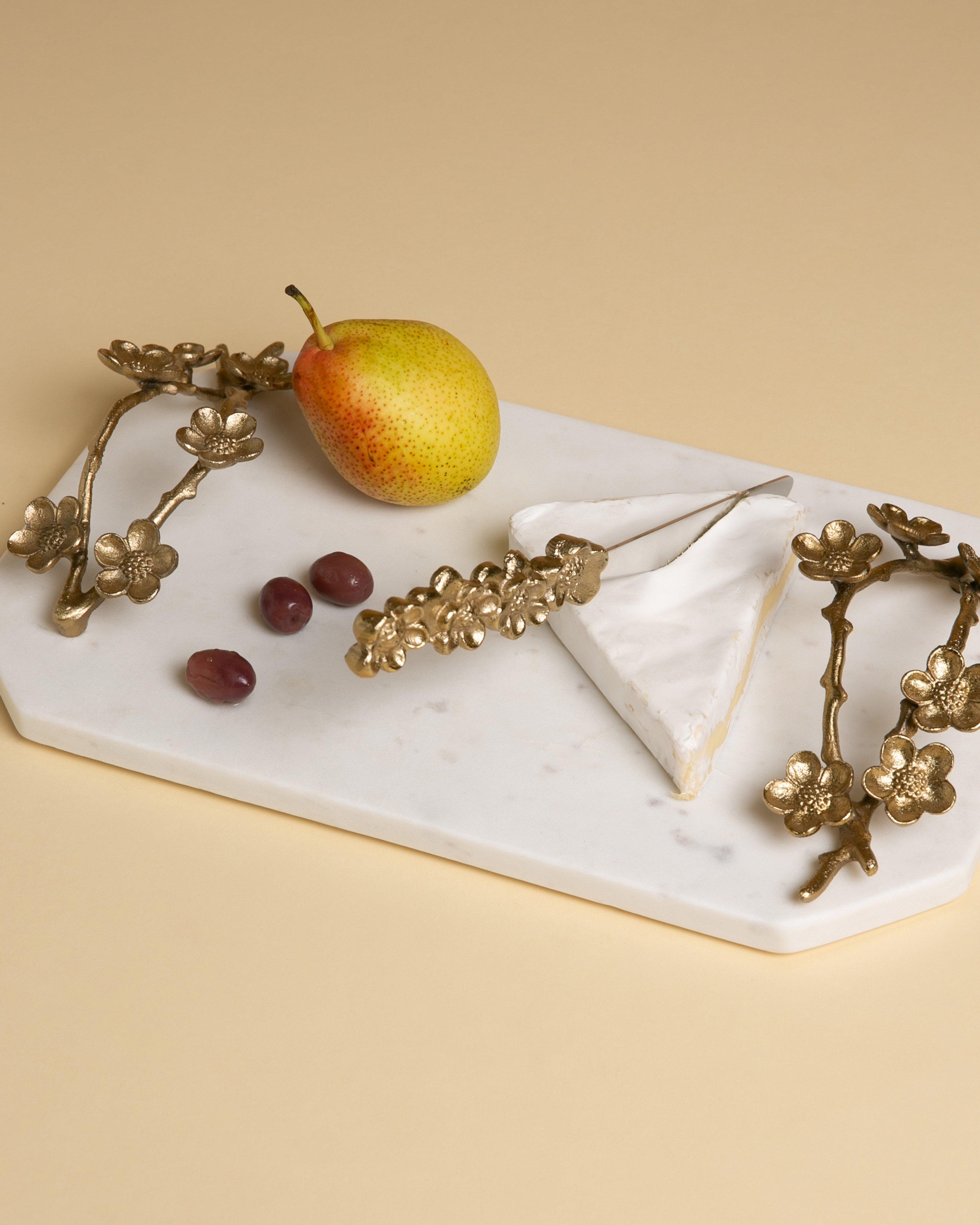 Floral Handle Board and Cheese Knife Gift Set -  White
