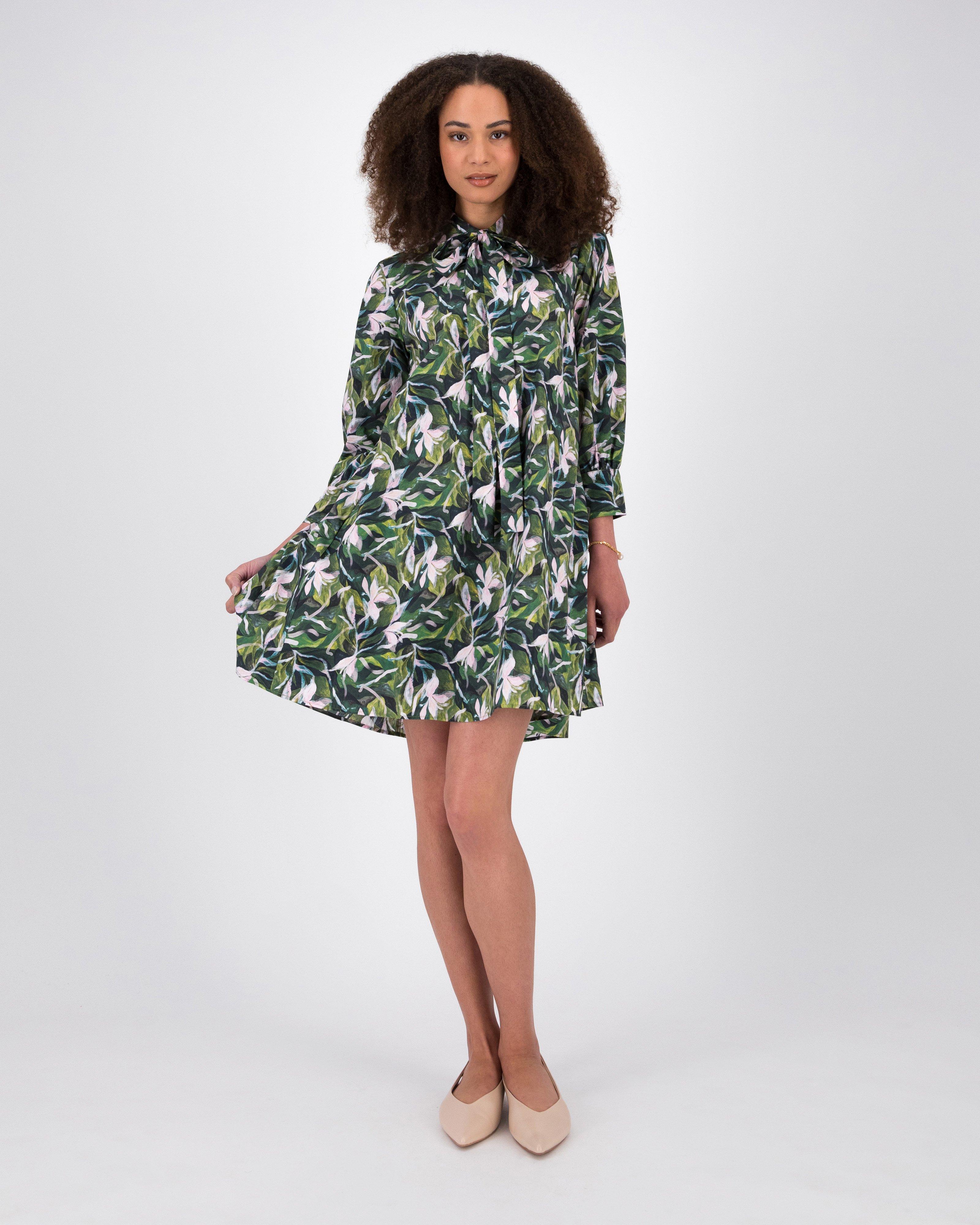 Thandi Printed Kitty Bow Tunic Dress -  Green
