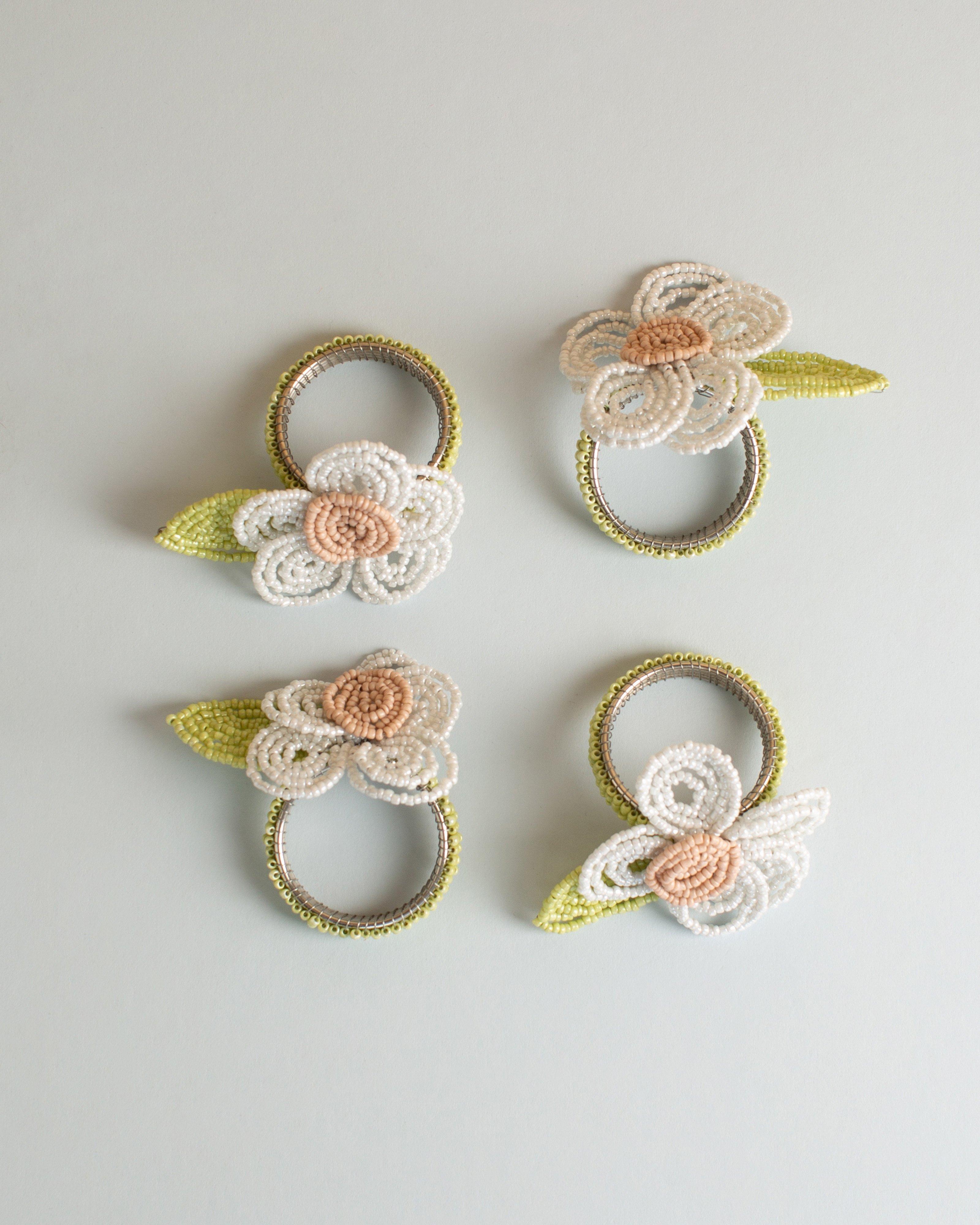 Beaded Floral Napkin Ring Set -  White