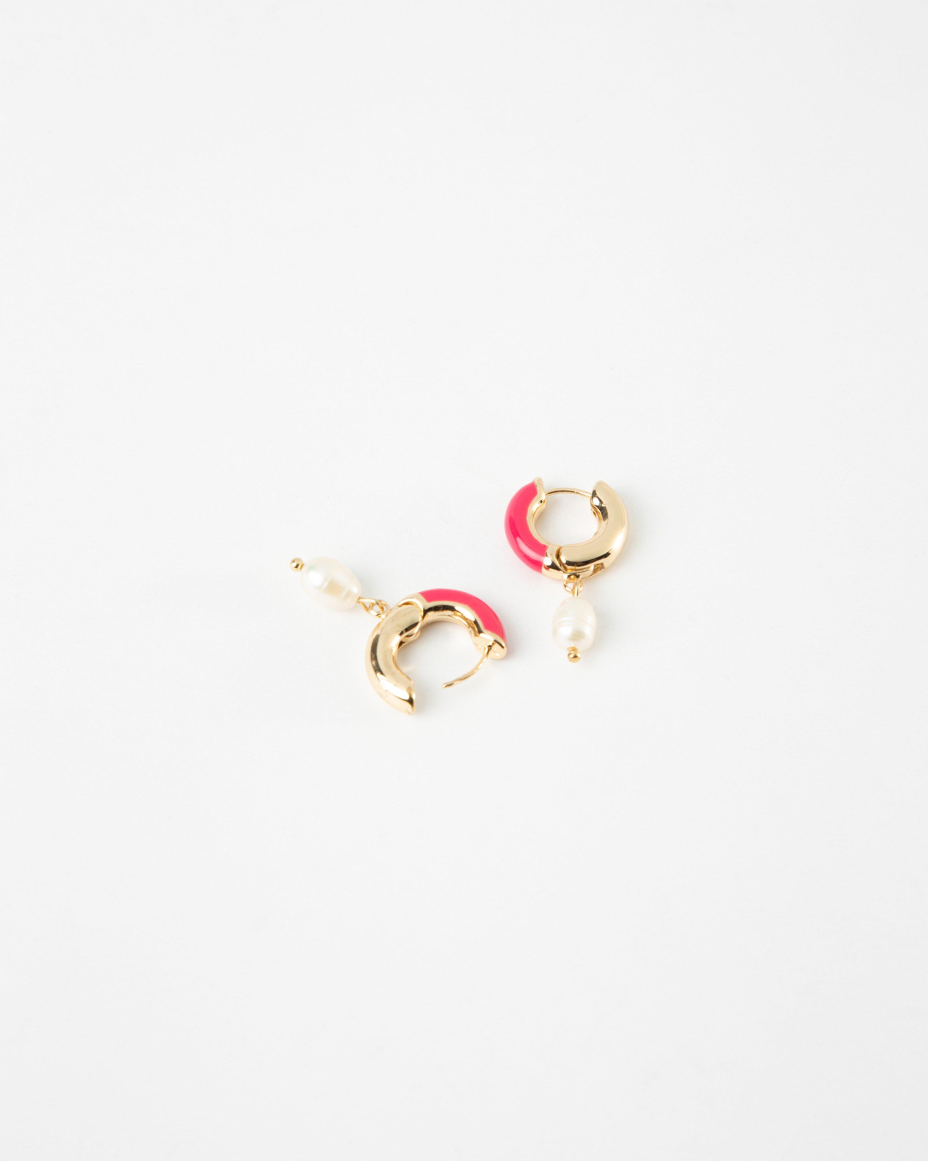 Freshwater Pearl with Half-Resin Hoop Earrings -  Pink