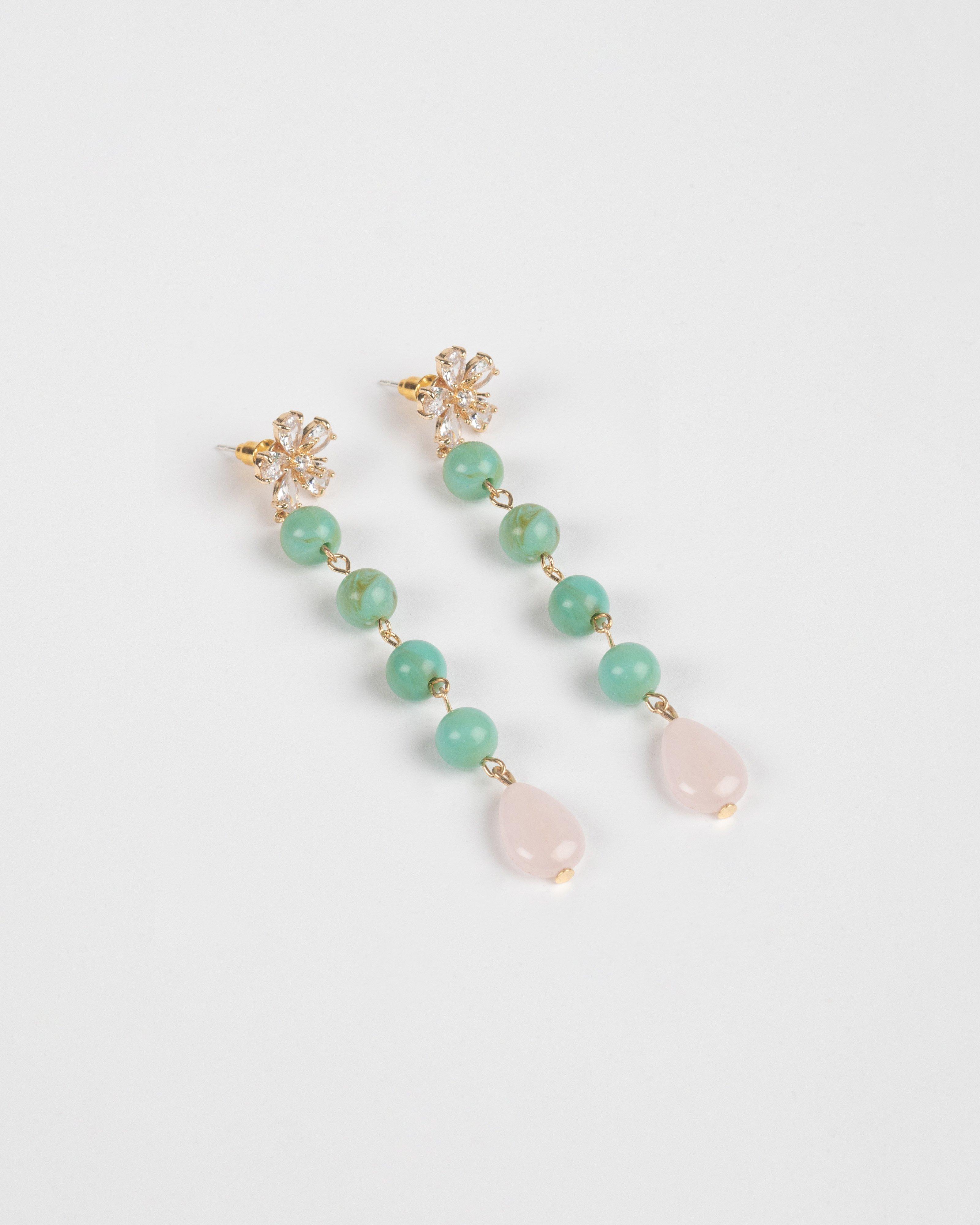  Flower Stone & Beaded Drop Earrings -  Assorted