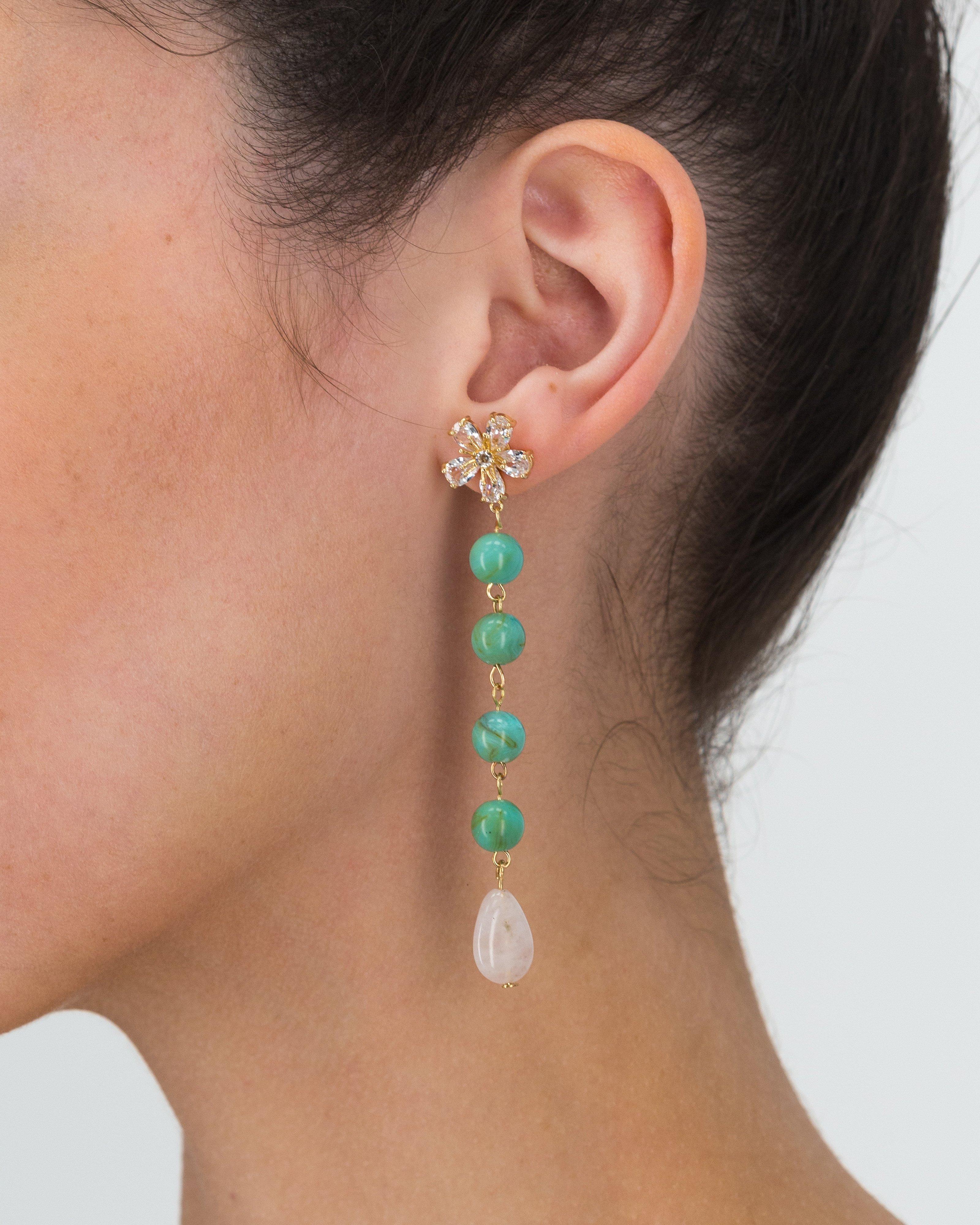  Flower Stone & Beaded Drop Earrings -  Assorted