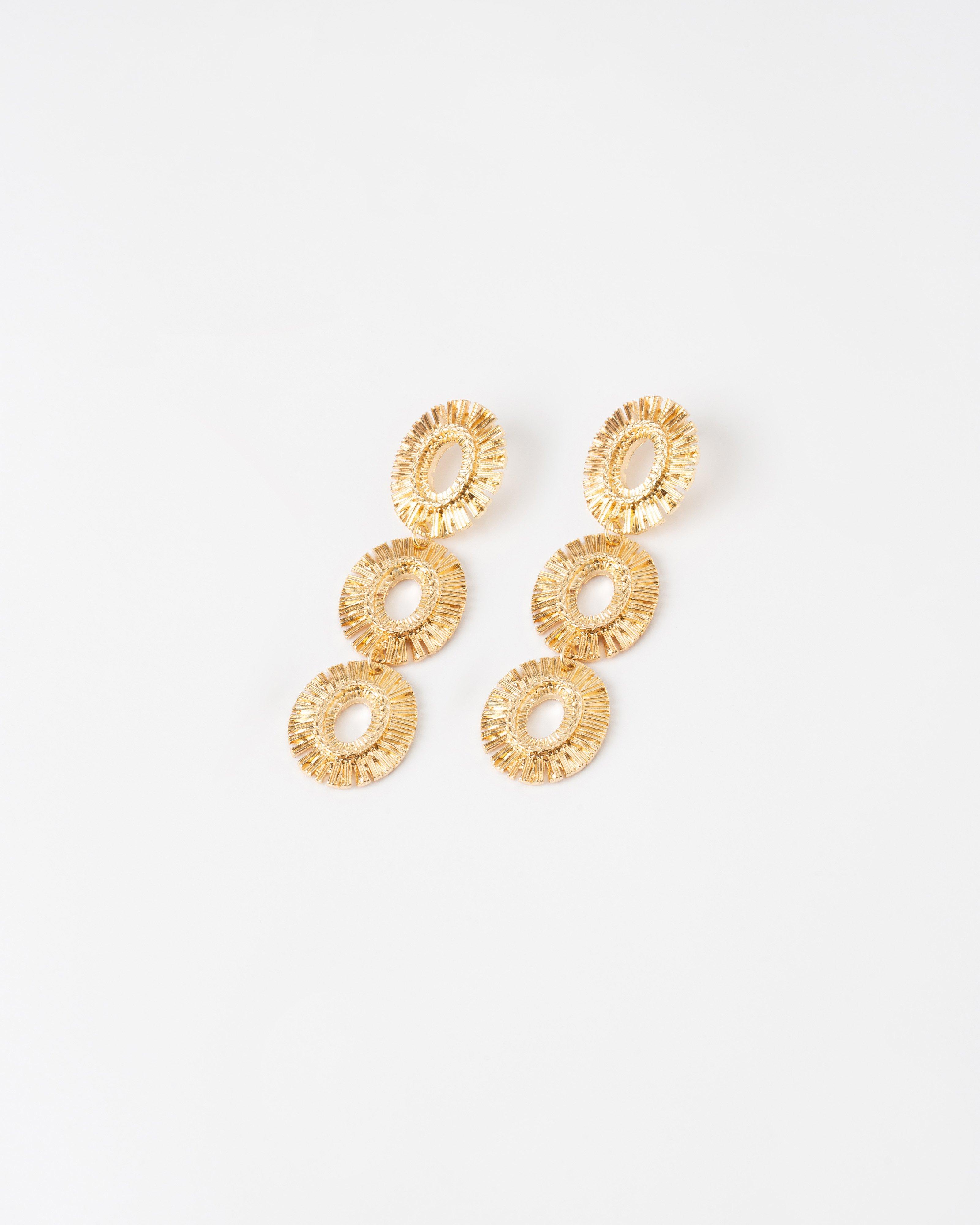 Three-Tier Vintage Statement Circular Textured Drop Earrings -  Gold