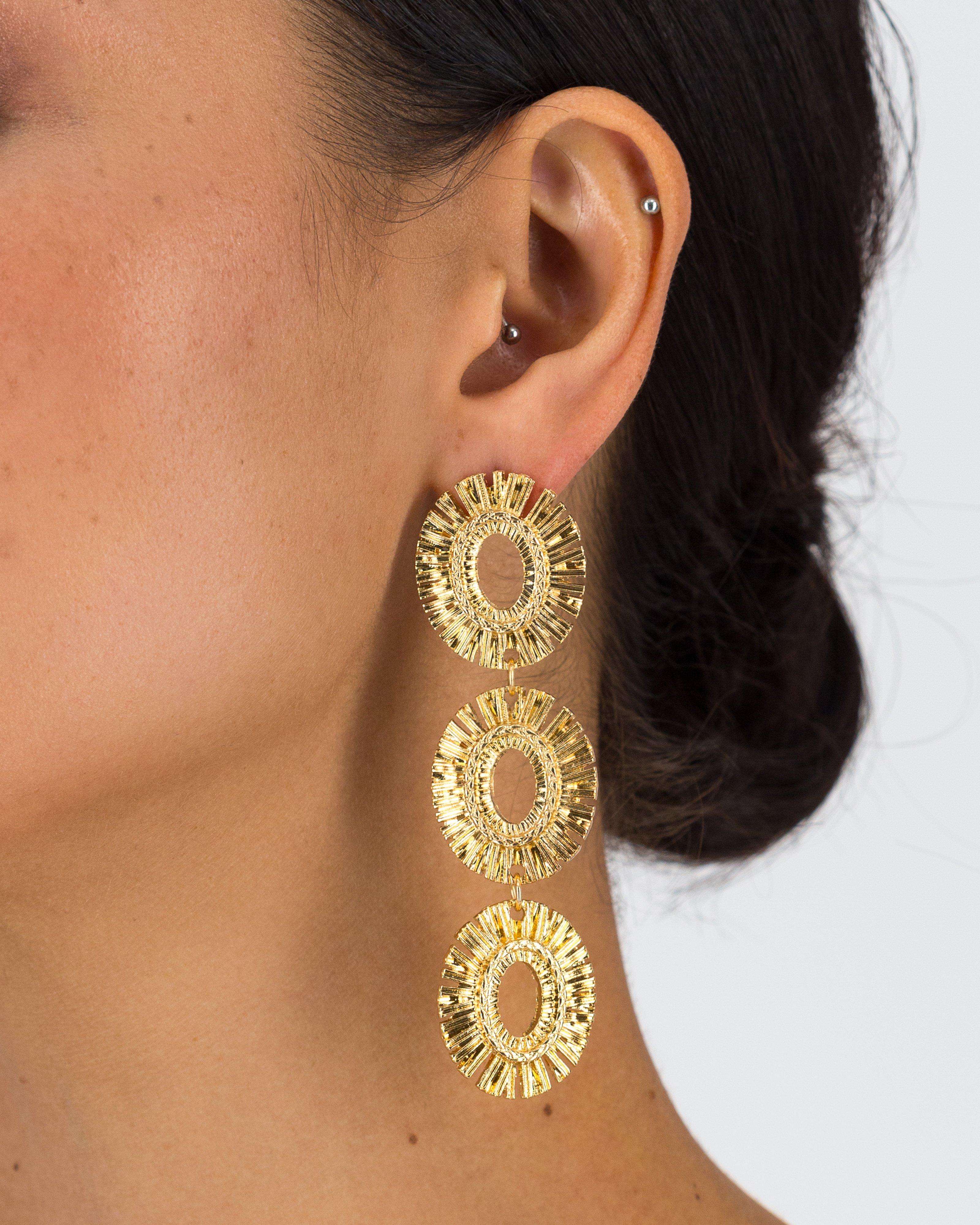 Three-Tier Vintage Statement Circular Textured Drop Earrings -  Gold