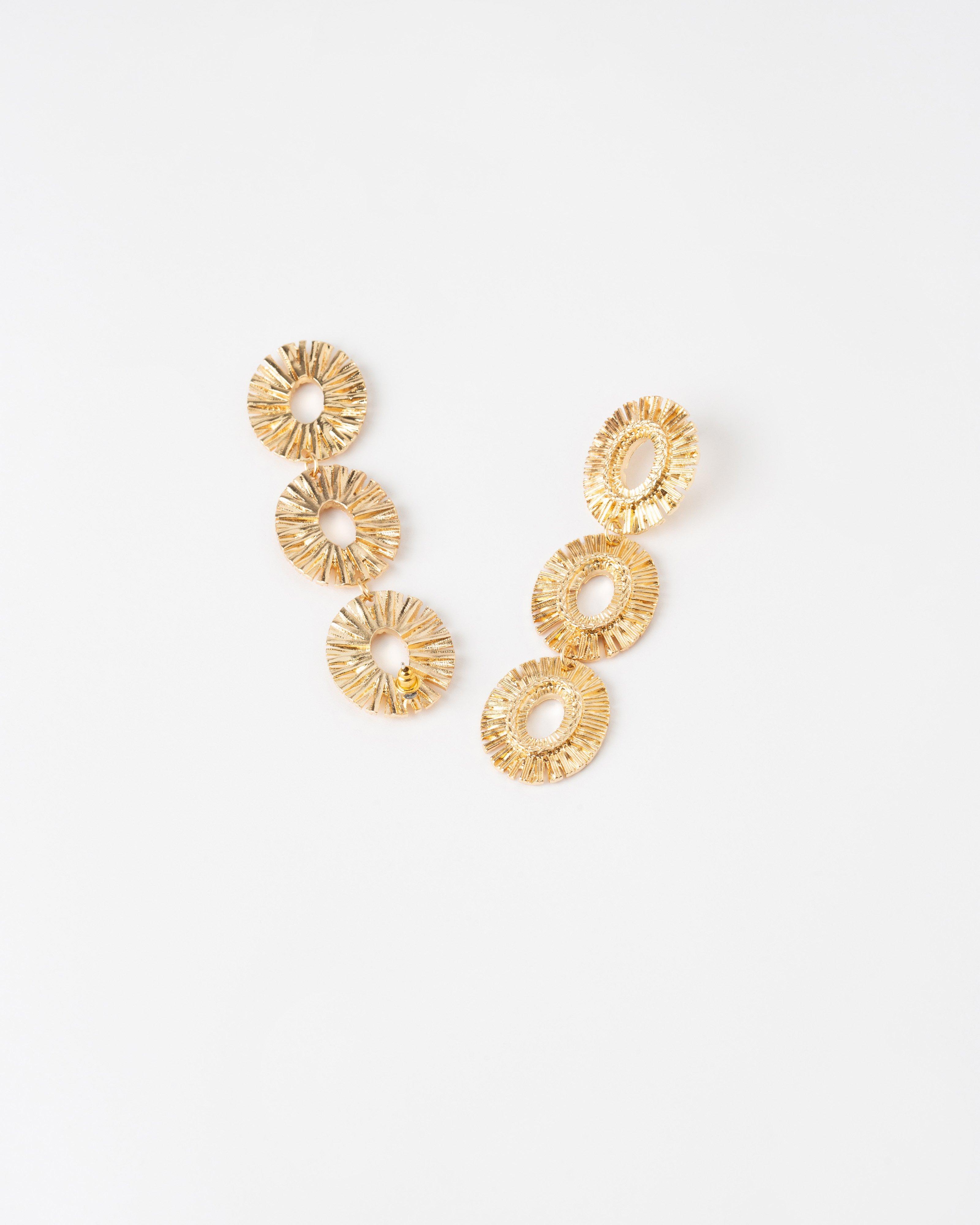 Three-Tier Vintage Statement Circular Textured Drop Earrings -  Gold