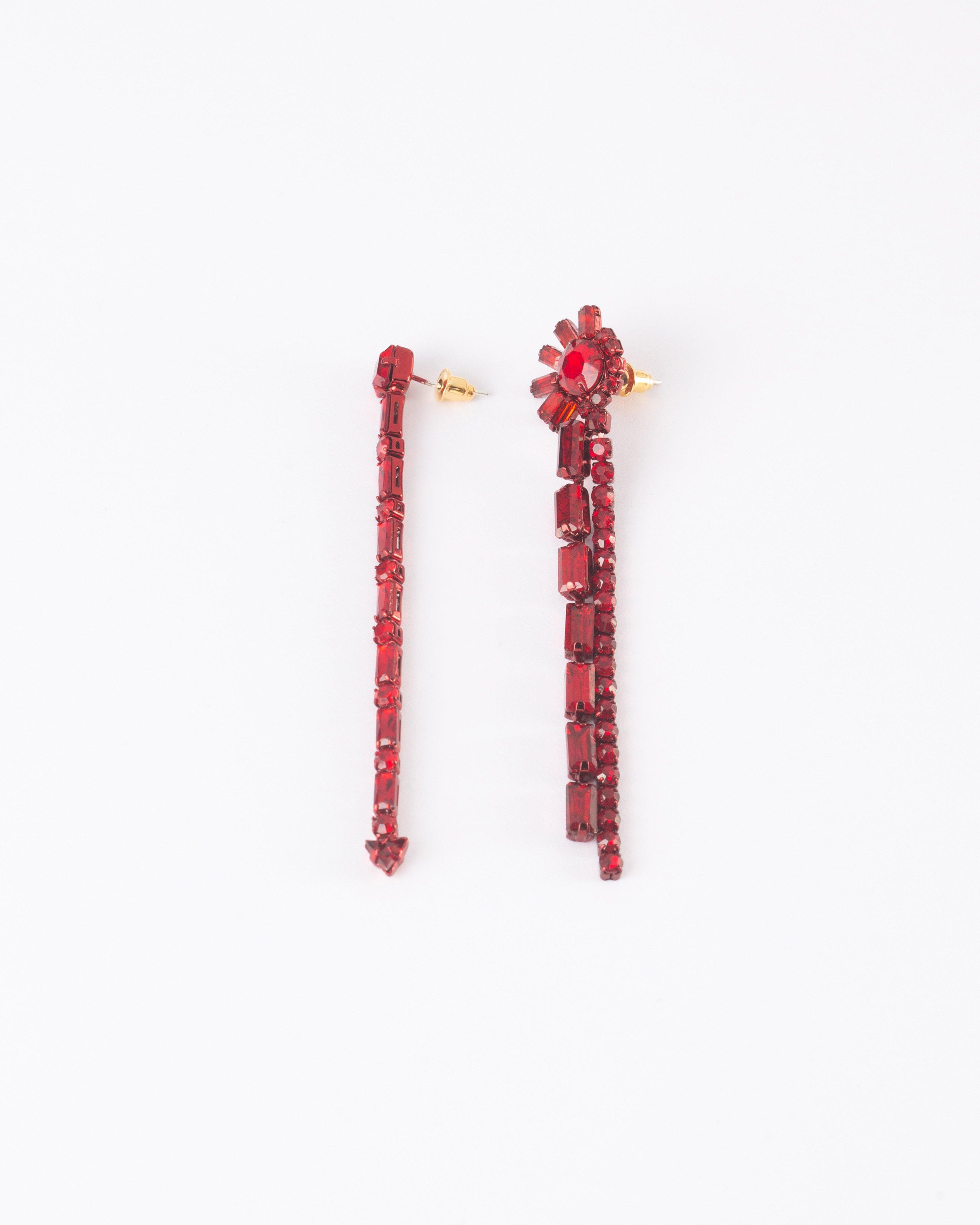 Asymmetrical Linear Stone Drop Earrings -  Red