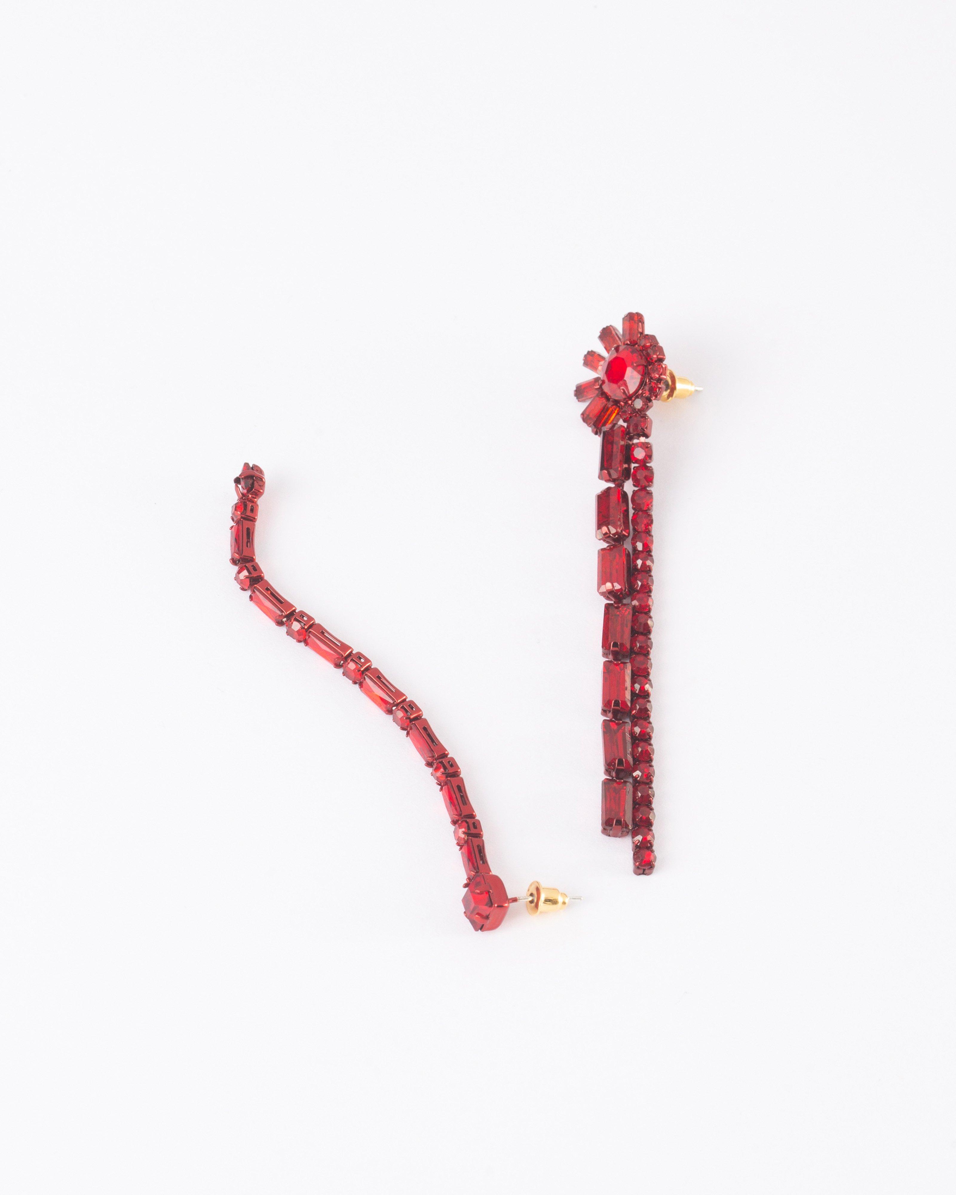 Asymmetrical Linear Stone Drop Earrings -  Red