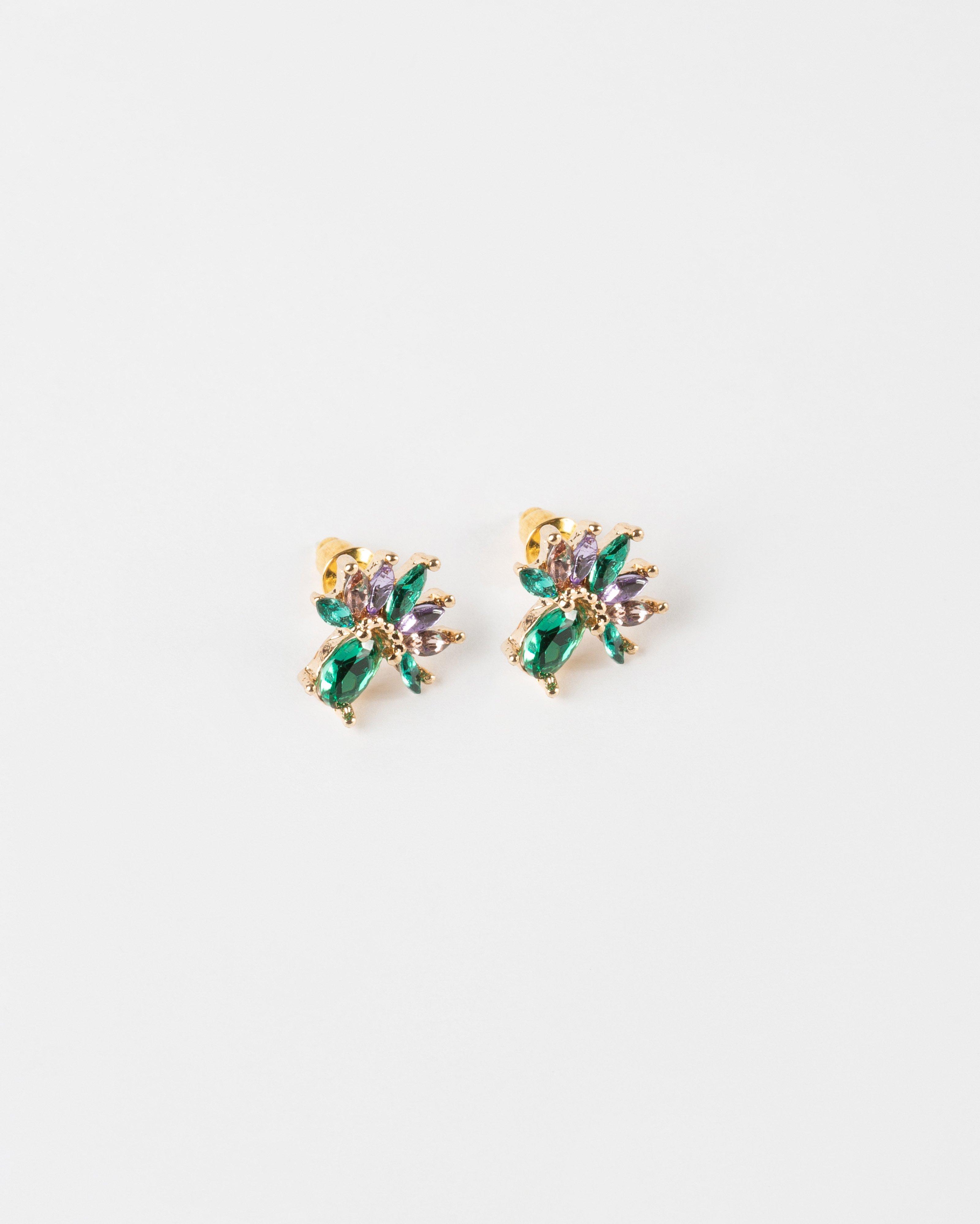 Vintage Stone Flower Stud Earrings -  Green