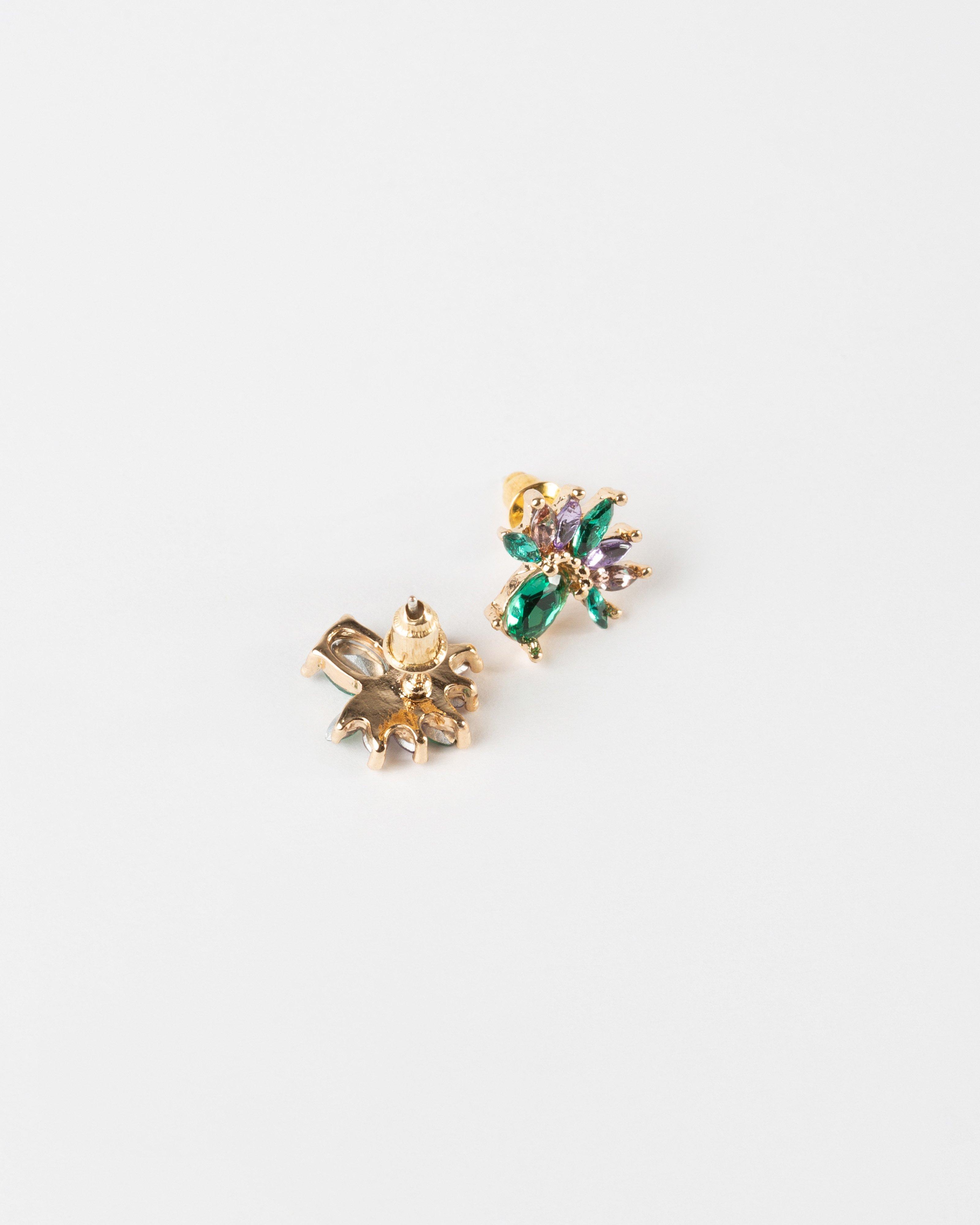 Vintage Stone Flower Stud Earrings -  Green