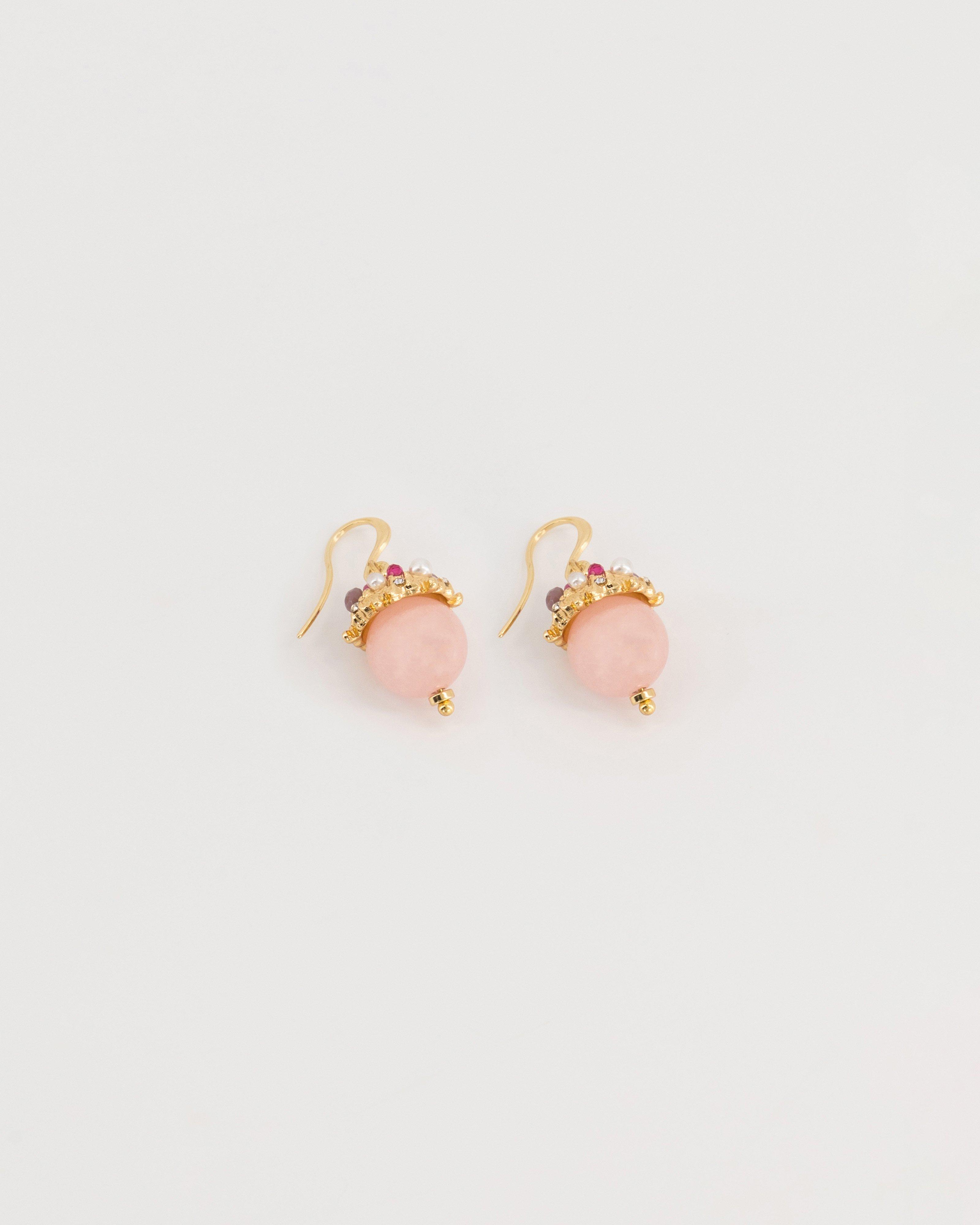 Stone with Beaded Cluster Earrings -  Light Pink