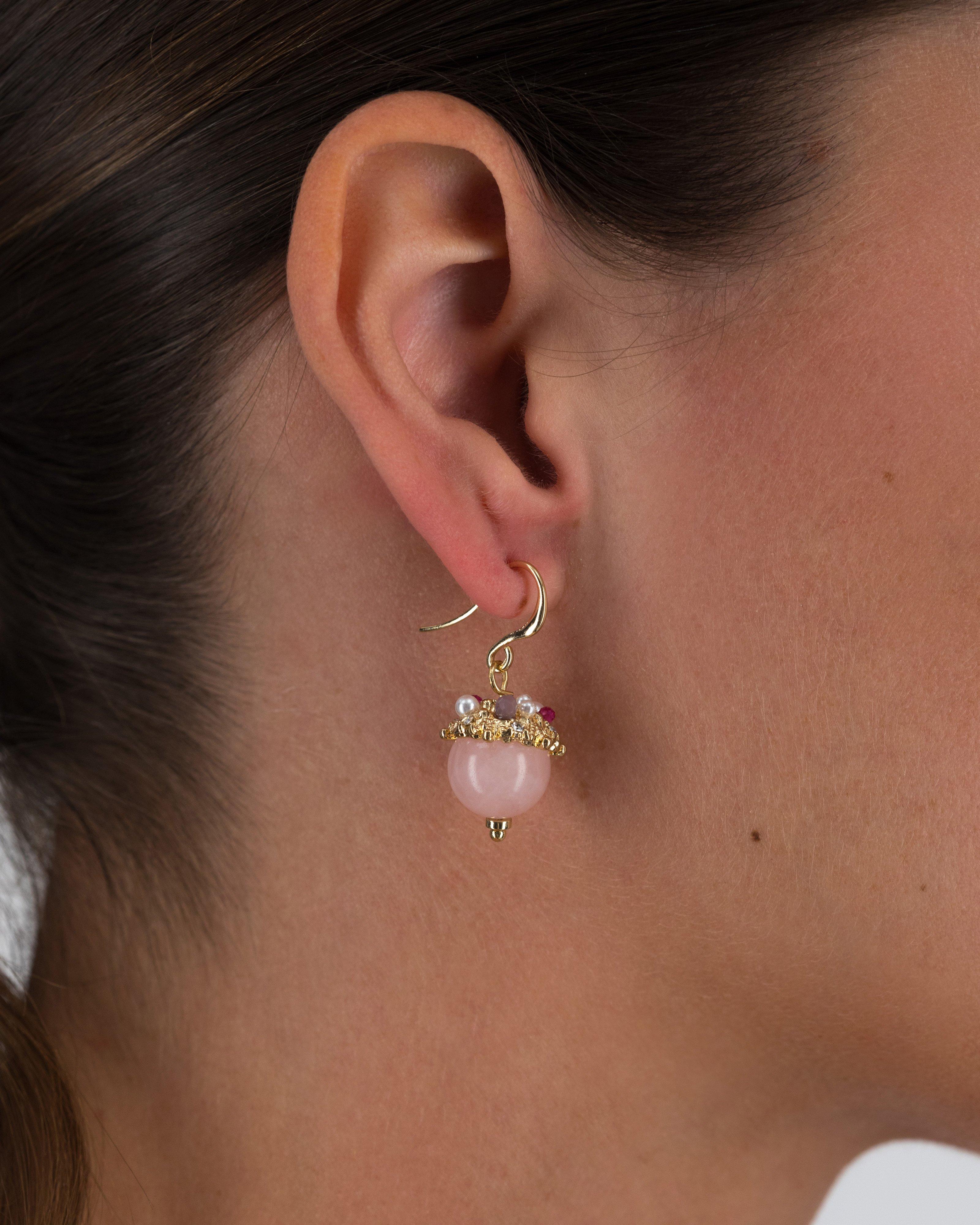 Stone with Beaded Cluster Earrings -  Light Pink