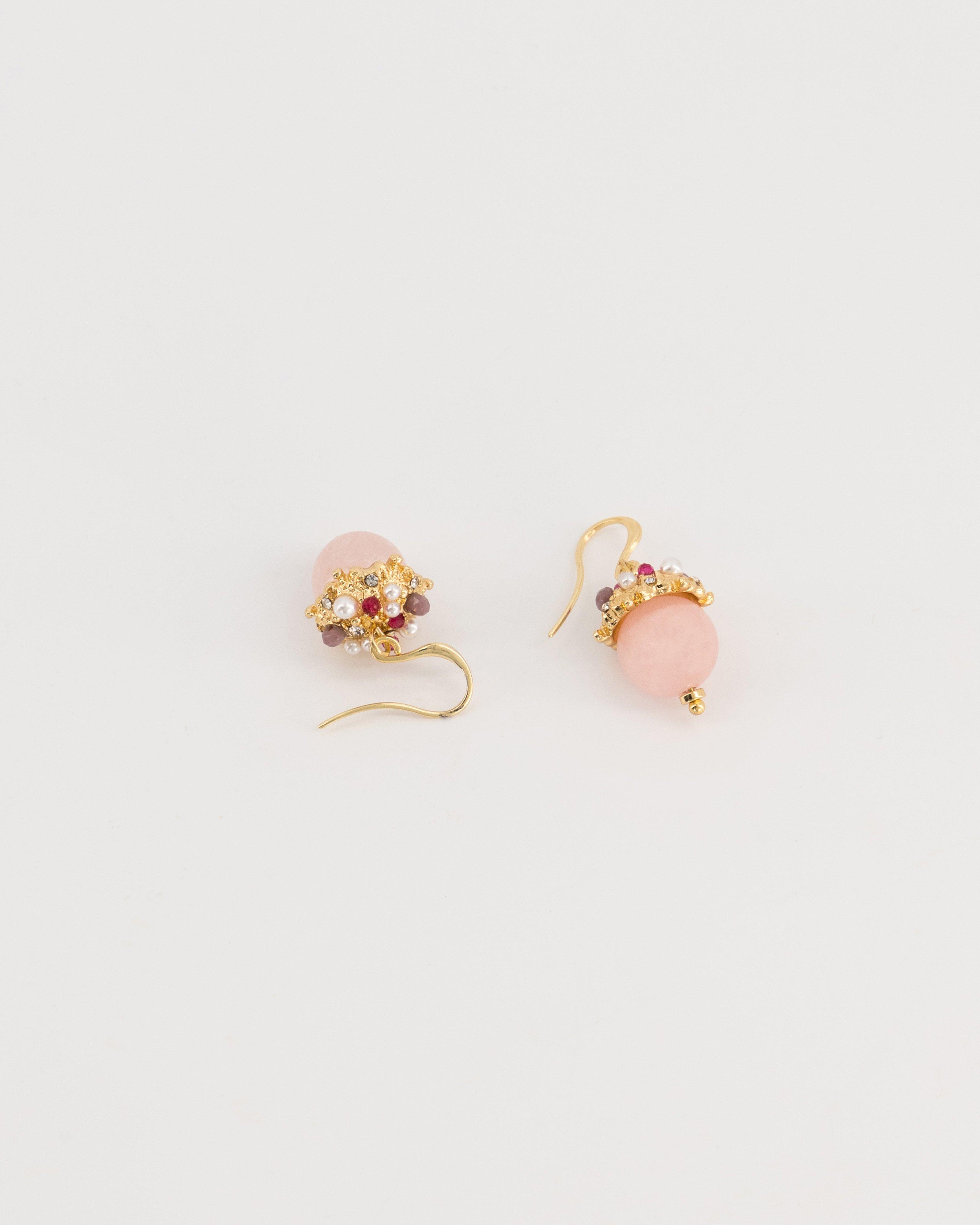 Stone with Beaded Cluster Earrings -  Light Pink