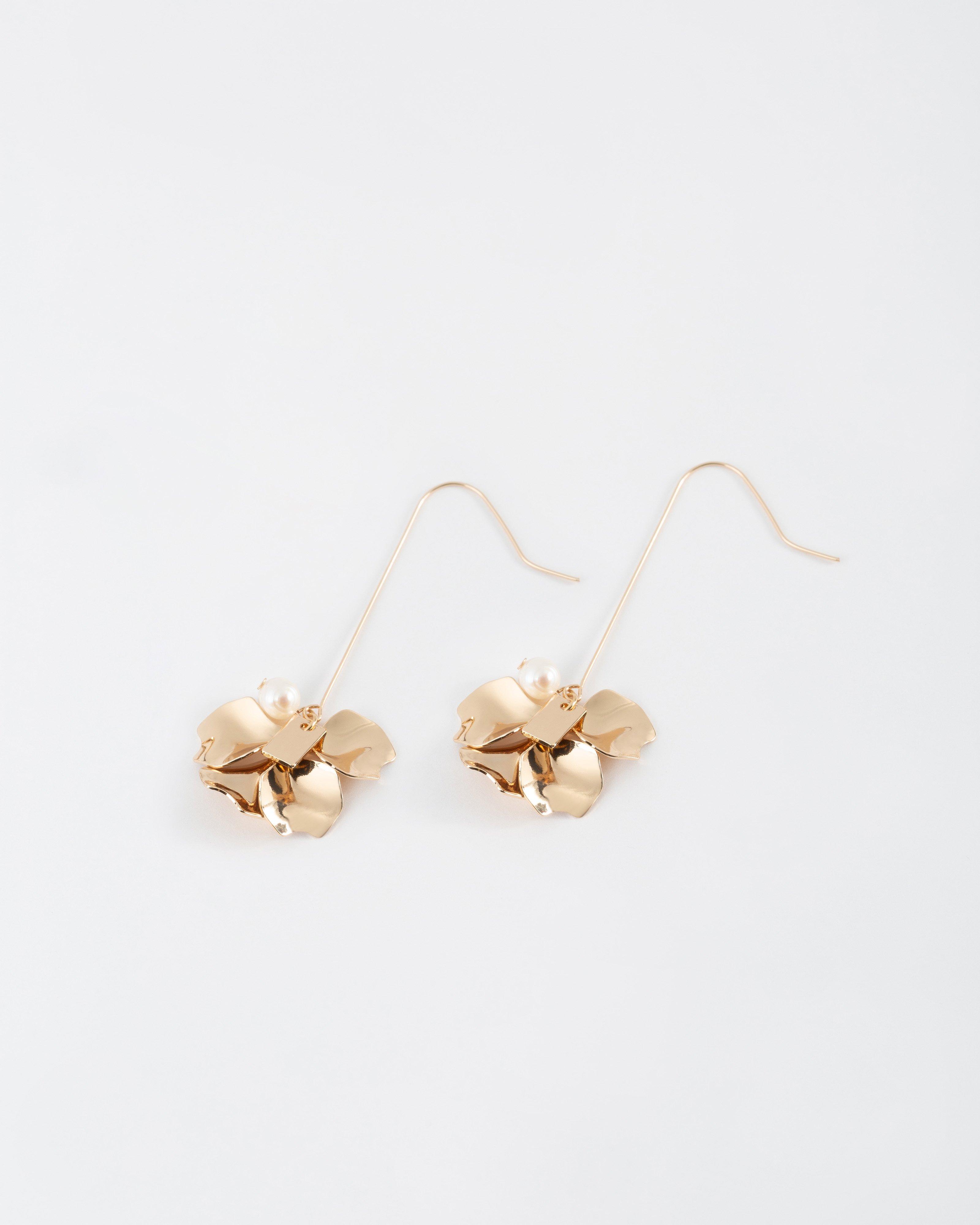 Metal Flower Petal with Freshwater Pearl Earrings -  Gold