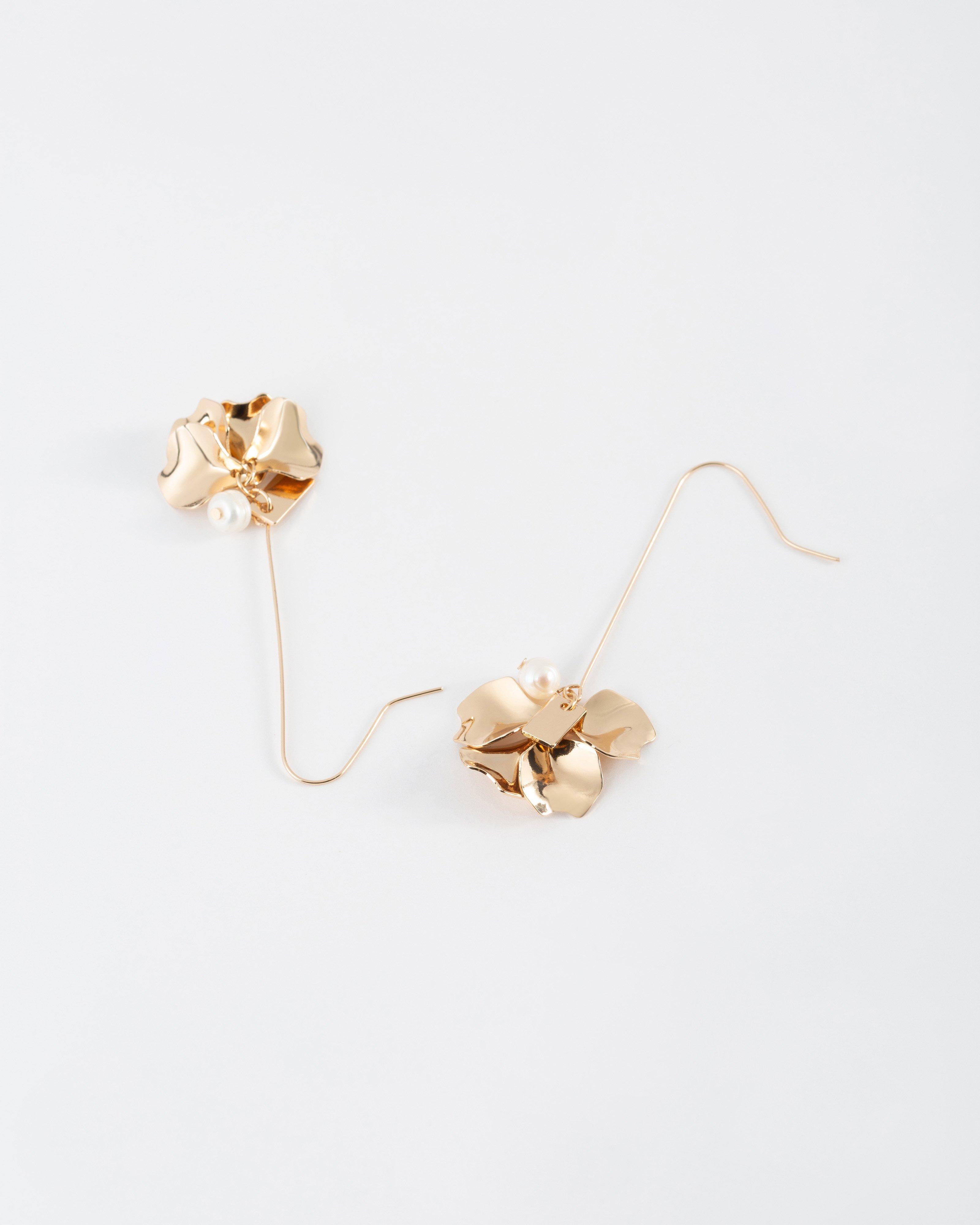 Metal Flower Petal with Freshwater Pearl Earrings -  Gold