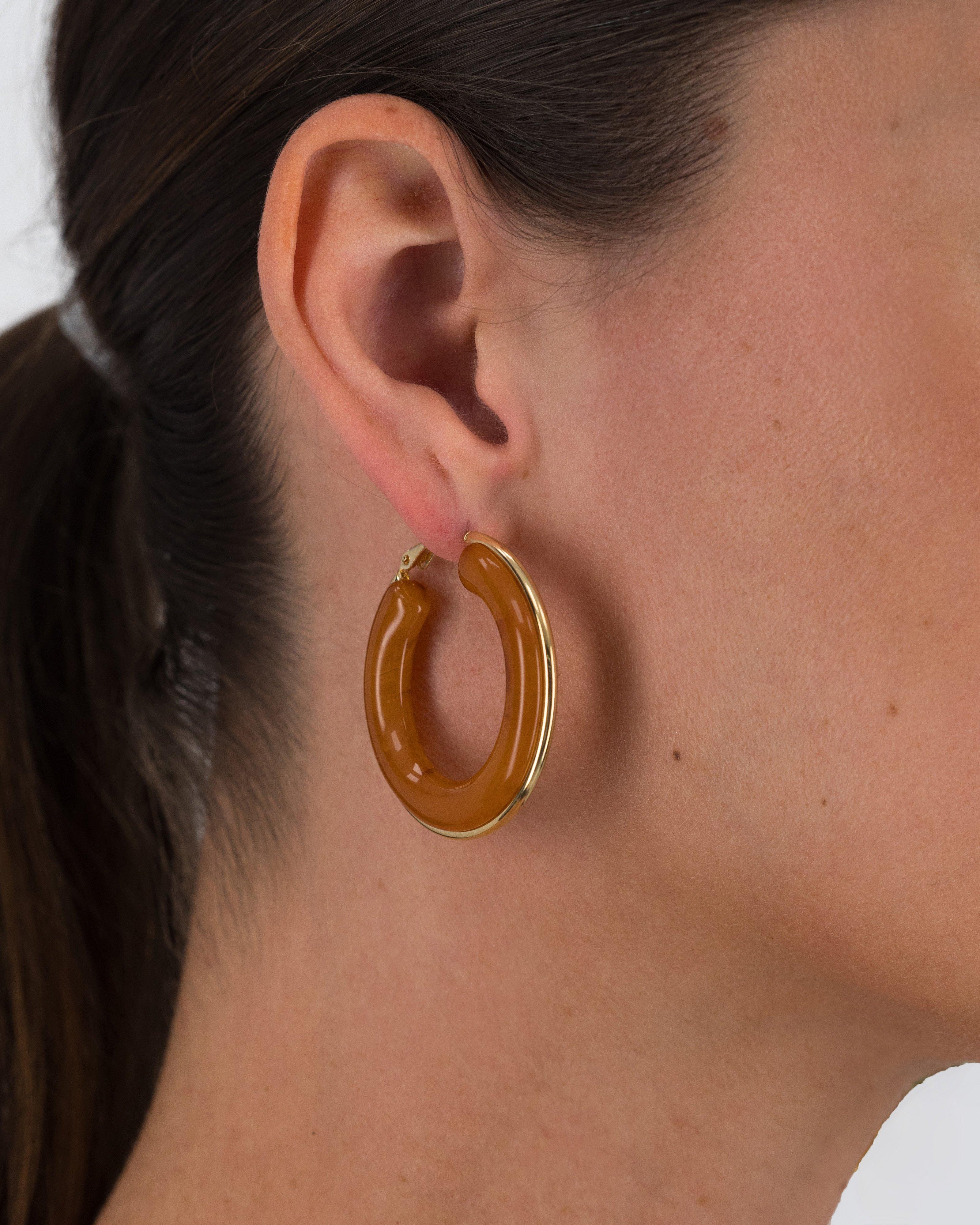 Large Two-Tone Resin Hoop Earrings -  Brown