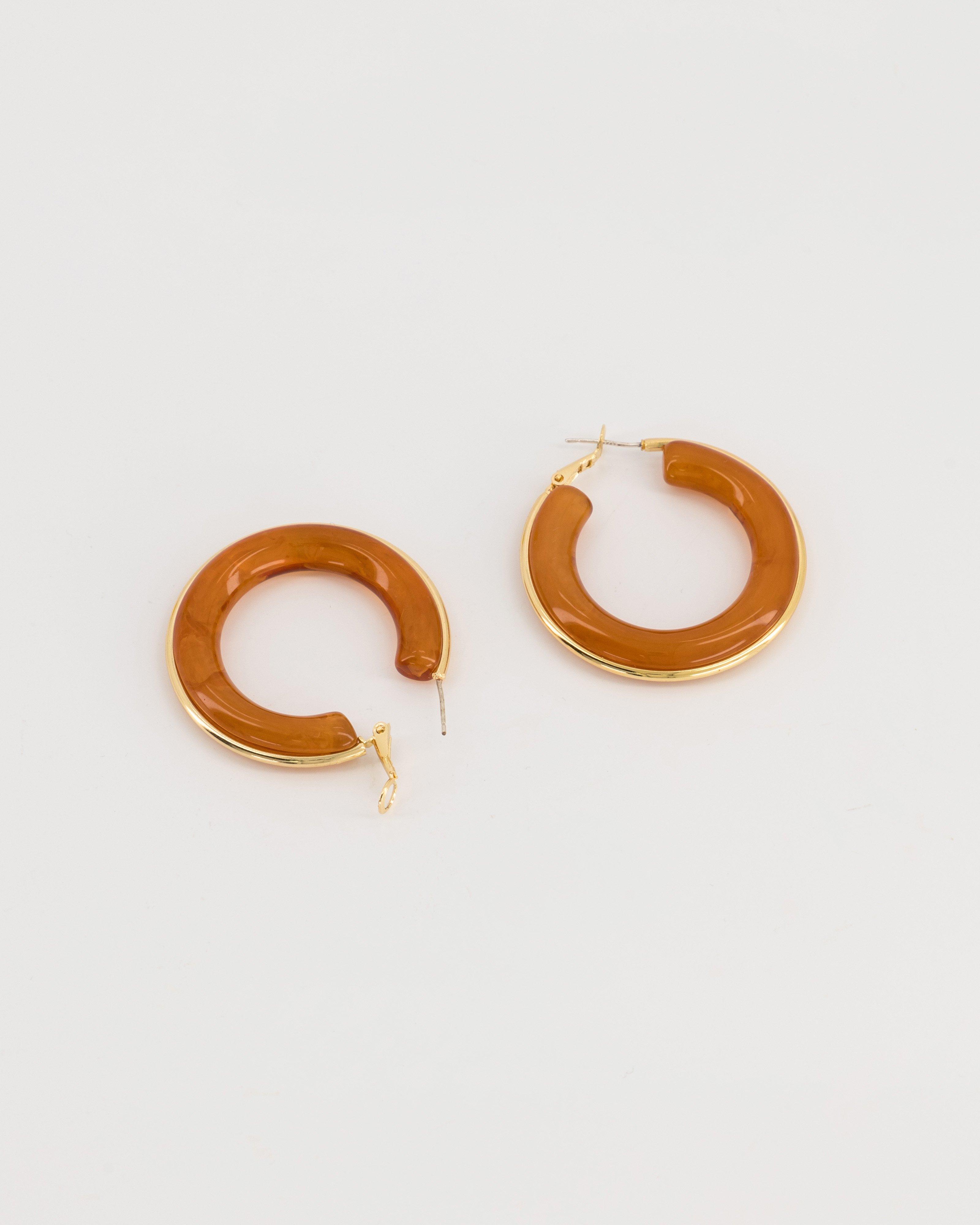 Large Two-Tone Resin Hoop Earrings -  Brown