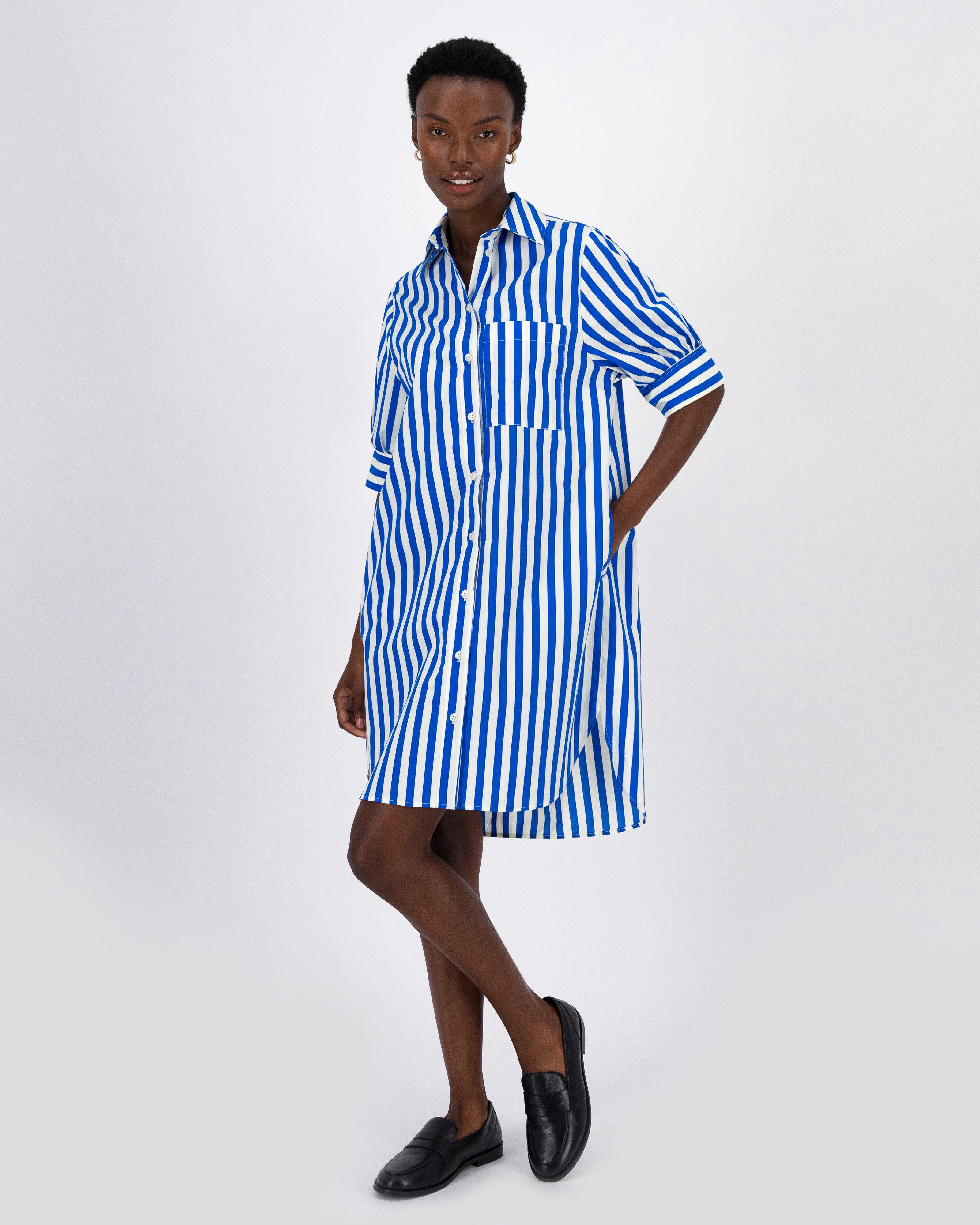 Long blue striped dress best sale