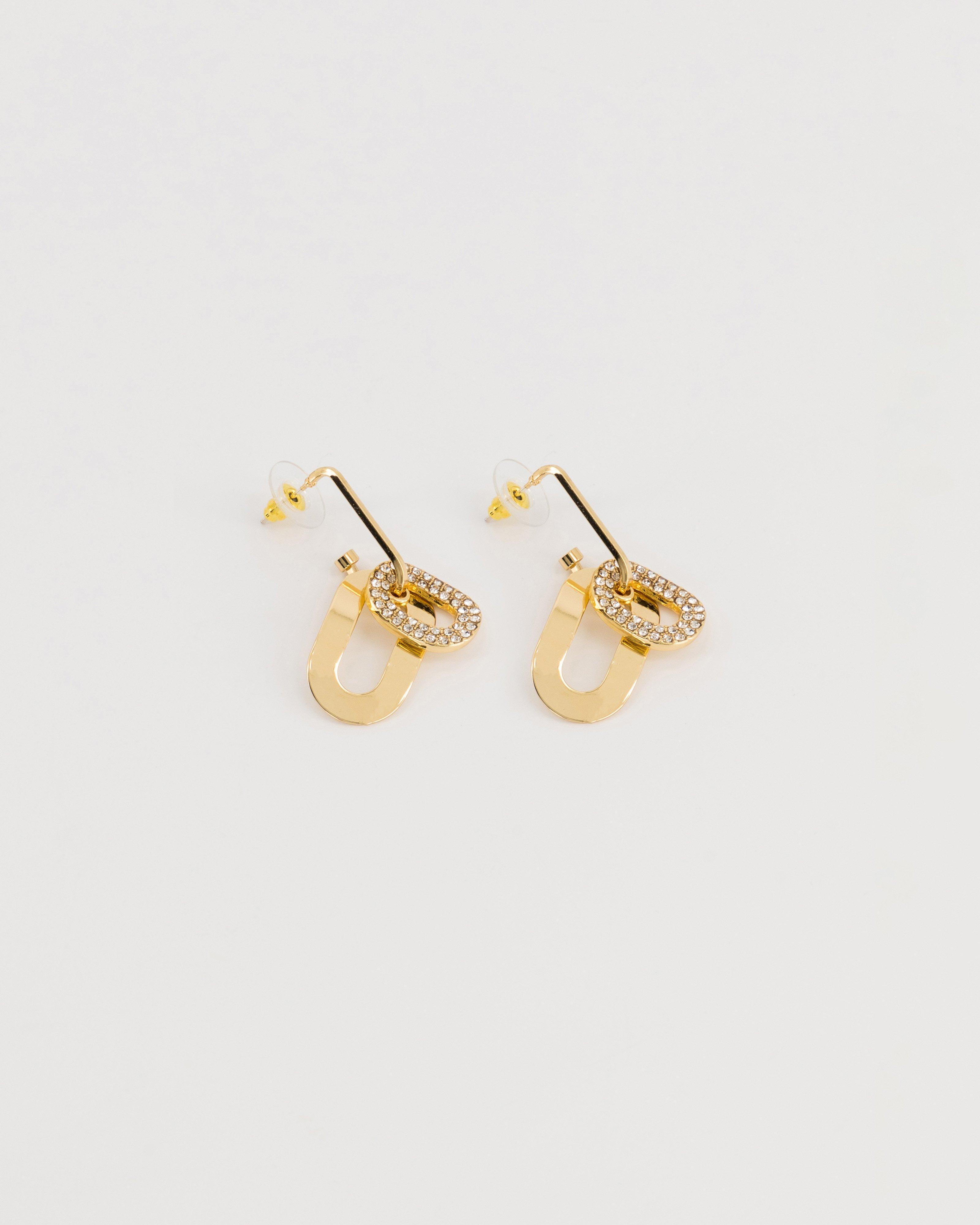 Double Oval With Stone Earrings -  Gold