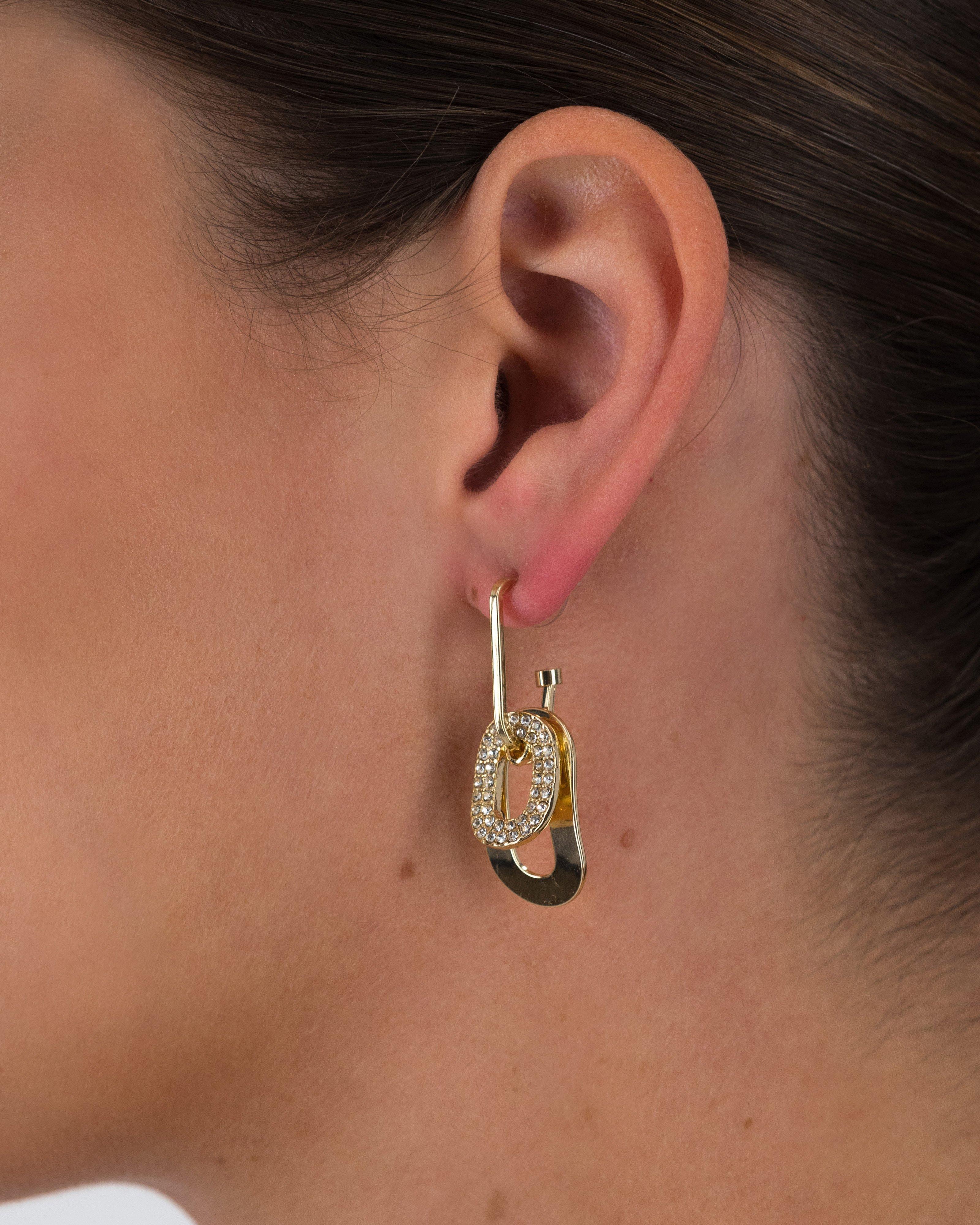 Double Oval With Stone Earrings -  Gold