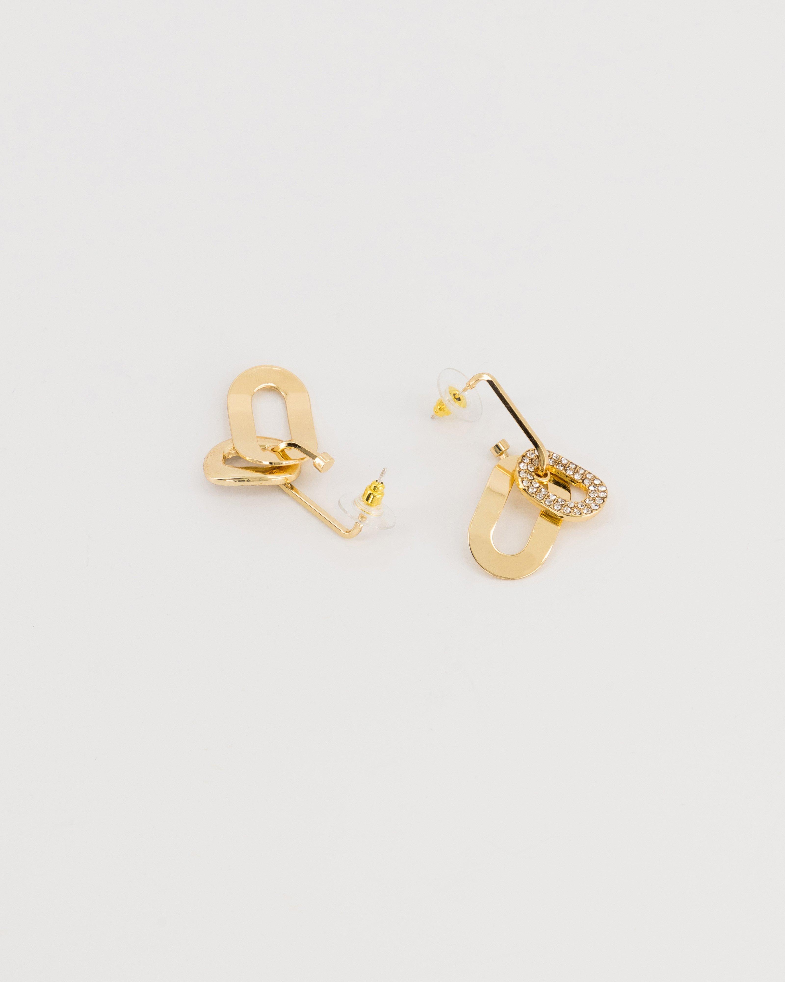 Double Oval With Stone Earrings -  Gold