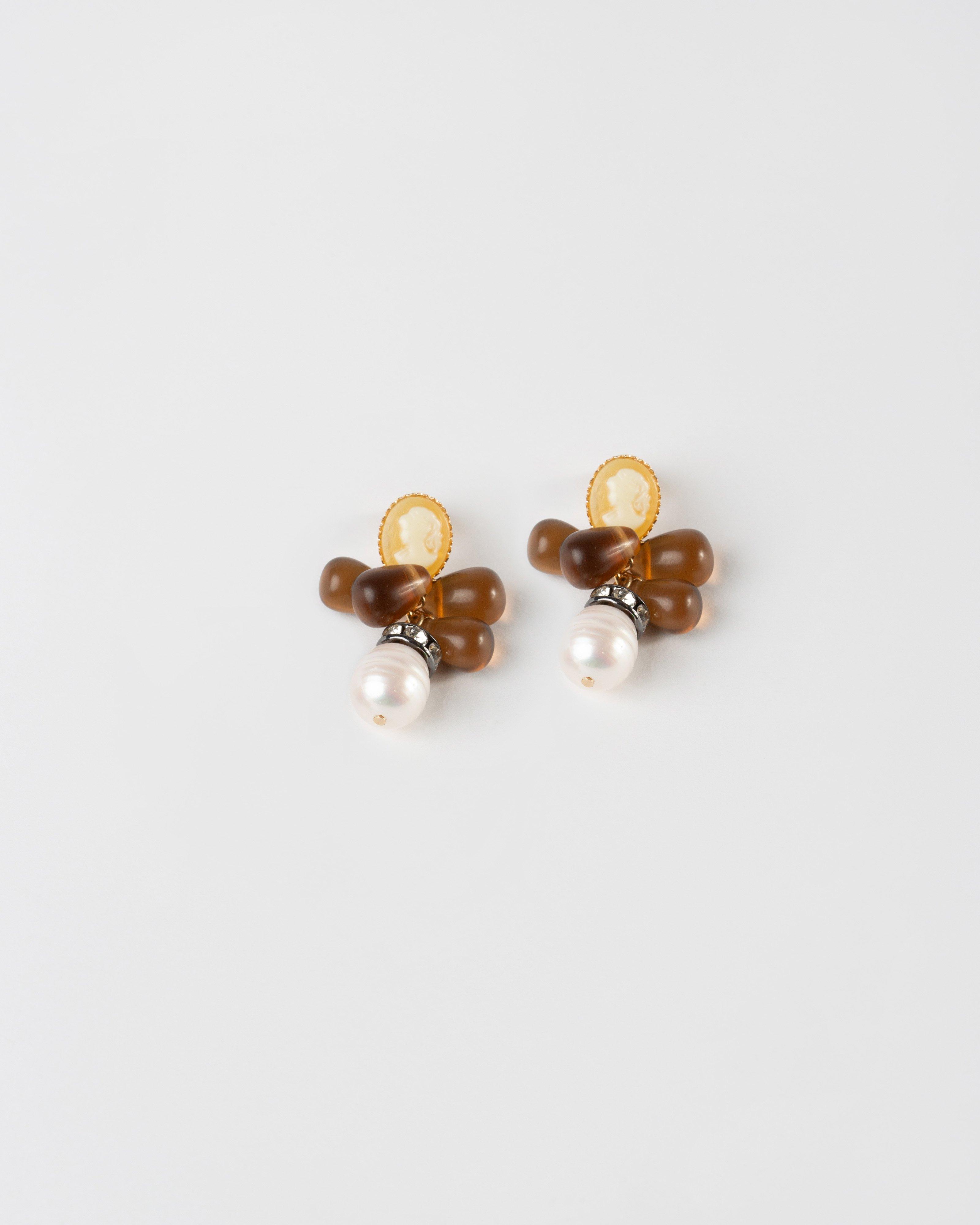 Cluster Beads & Freshwater Pearl Earrings -  Brown