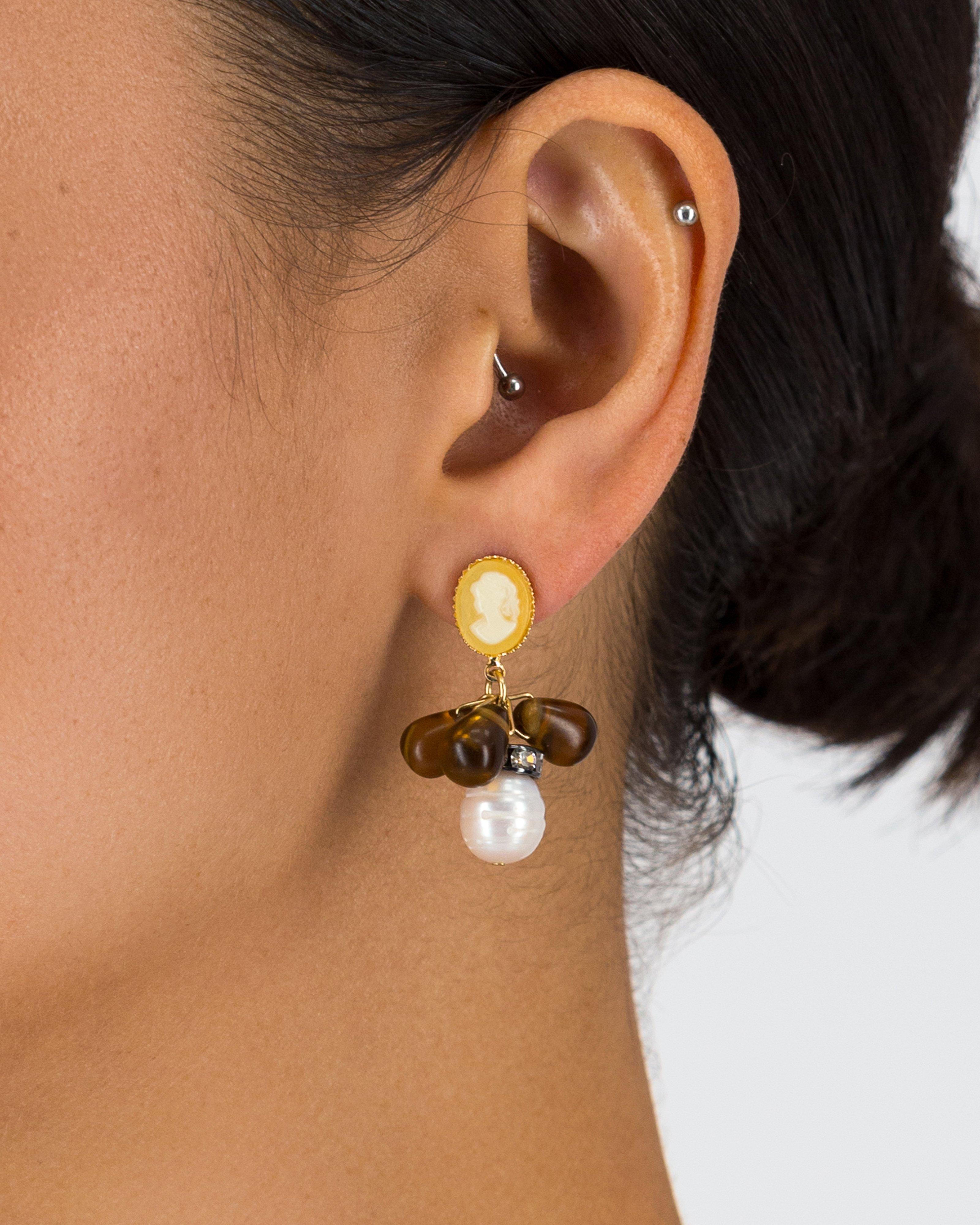 Cluster Beads & Freshwater Pearl Earrings -  Brown