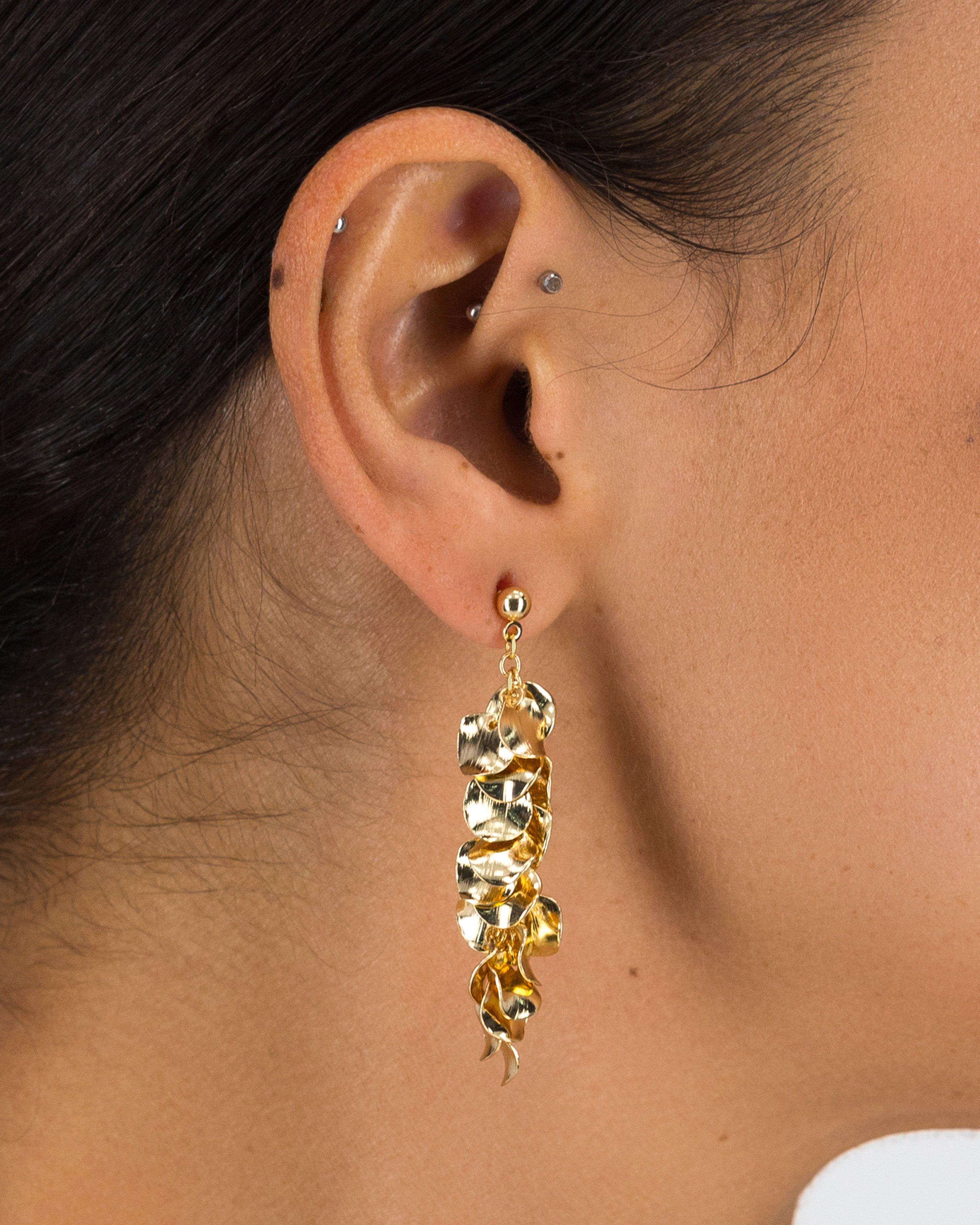 Curved Cluster Circular Drop Earrings -  Gold