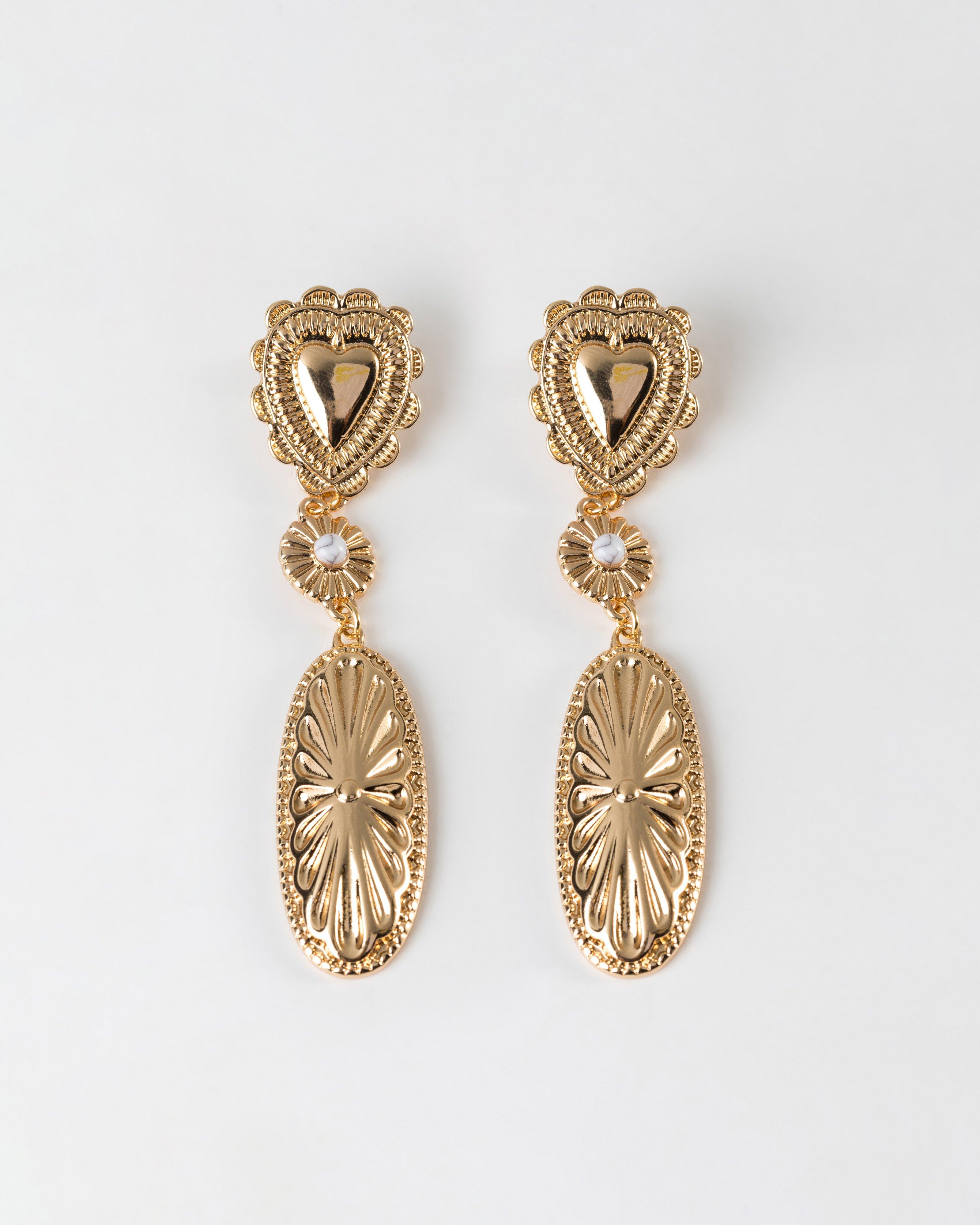 Vintage Heart Drop Earrings -  Gold