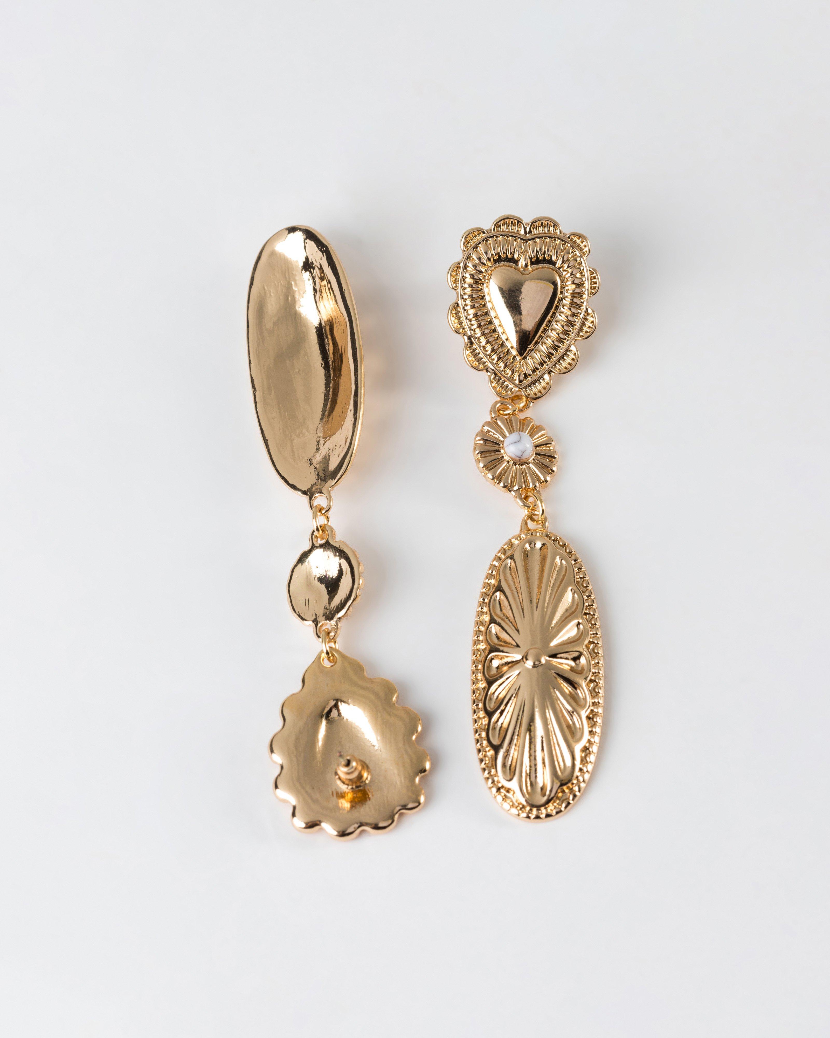 Vintage Heart Drop Earrings -  Gold