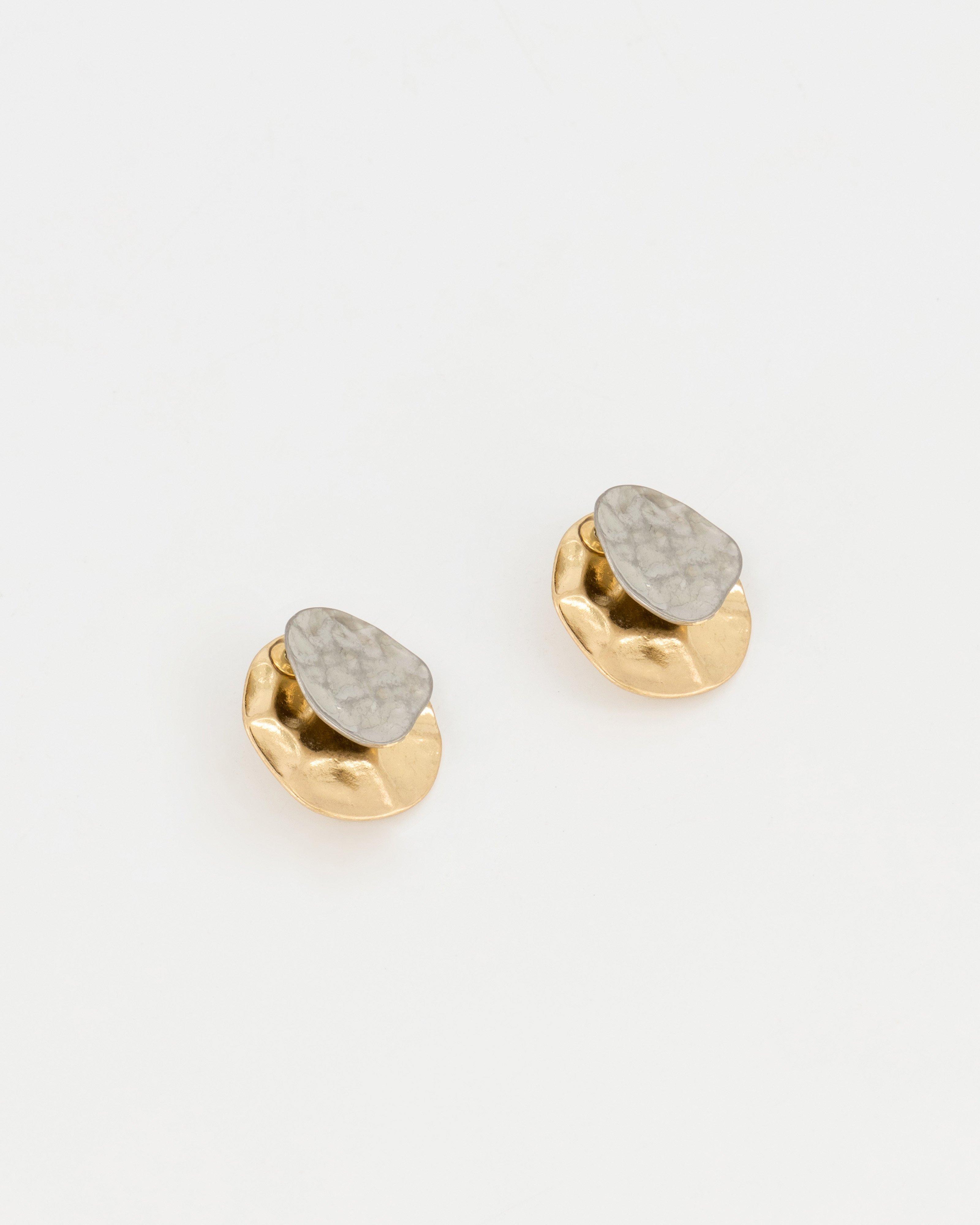 Beaten Circular Double Disk Peekaboo Earrings -  Gold