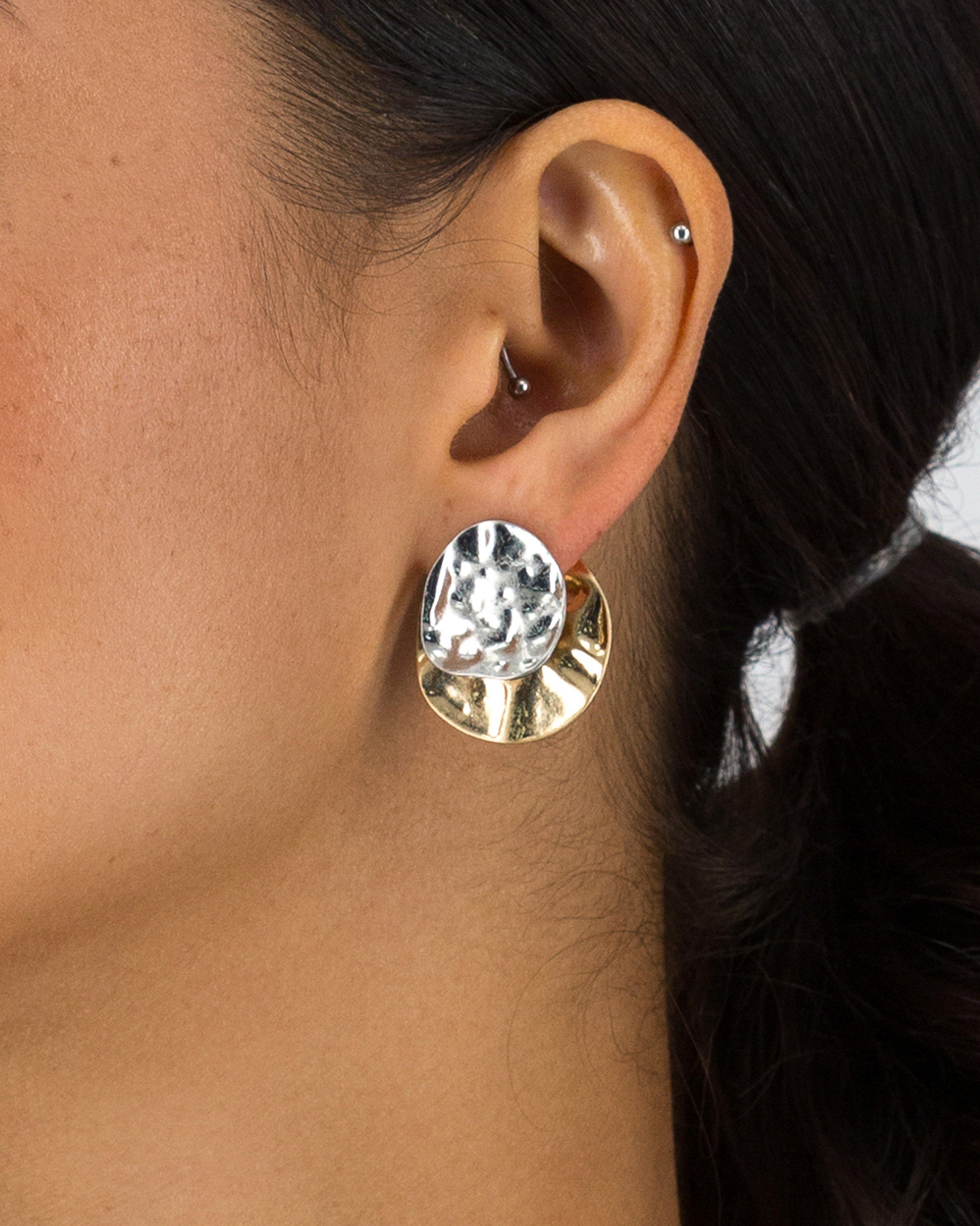 Beaten Circular Double Disk Peekaboo Earrings -  Gold