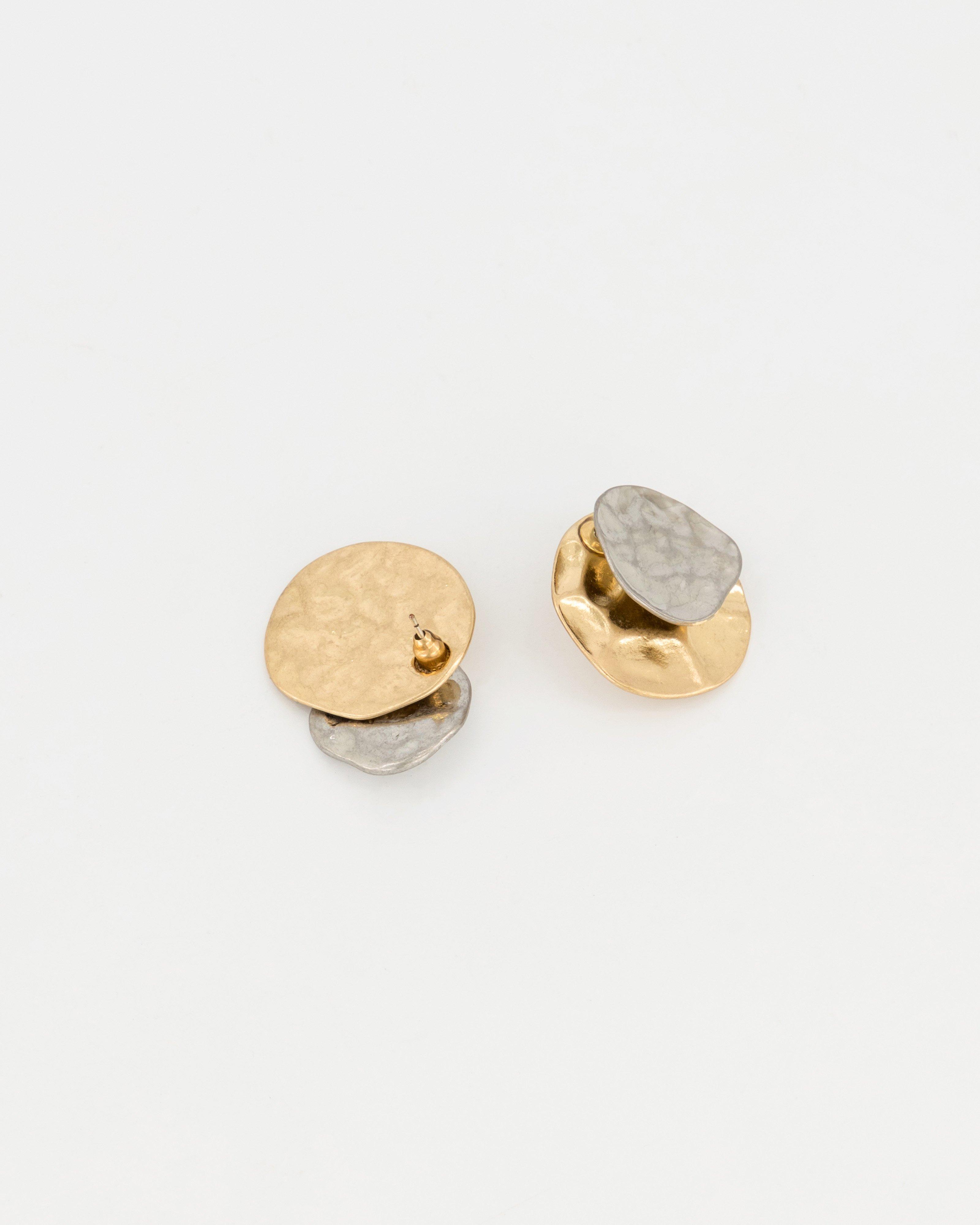 Beaten Circular Double Disk Peekaboo Earrings -  Gold