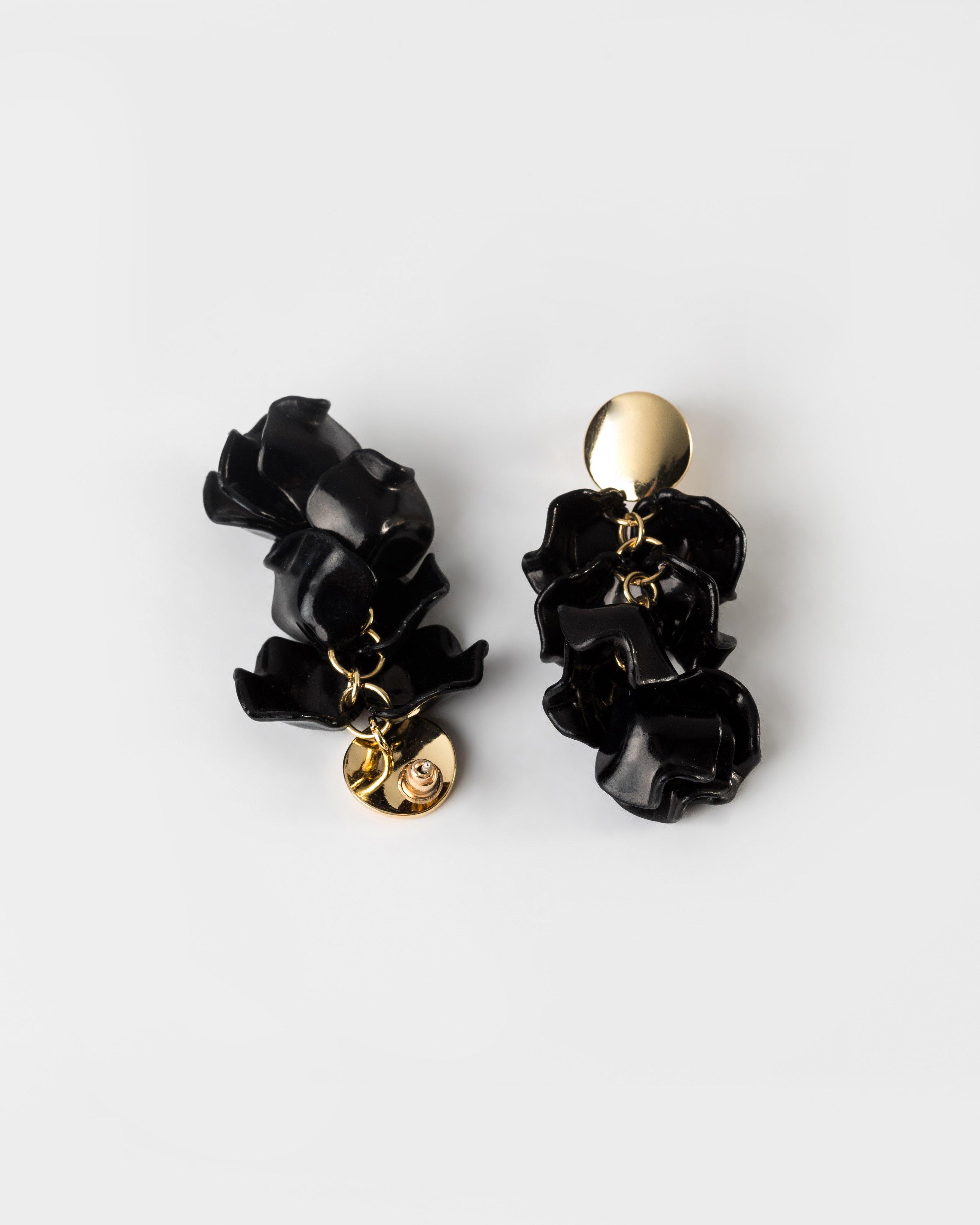 Resin Petal Drop Earrings -  Black