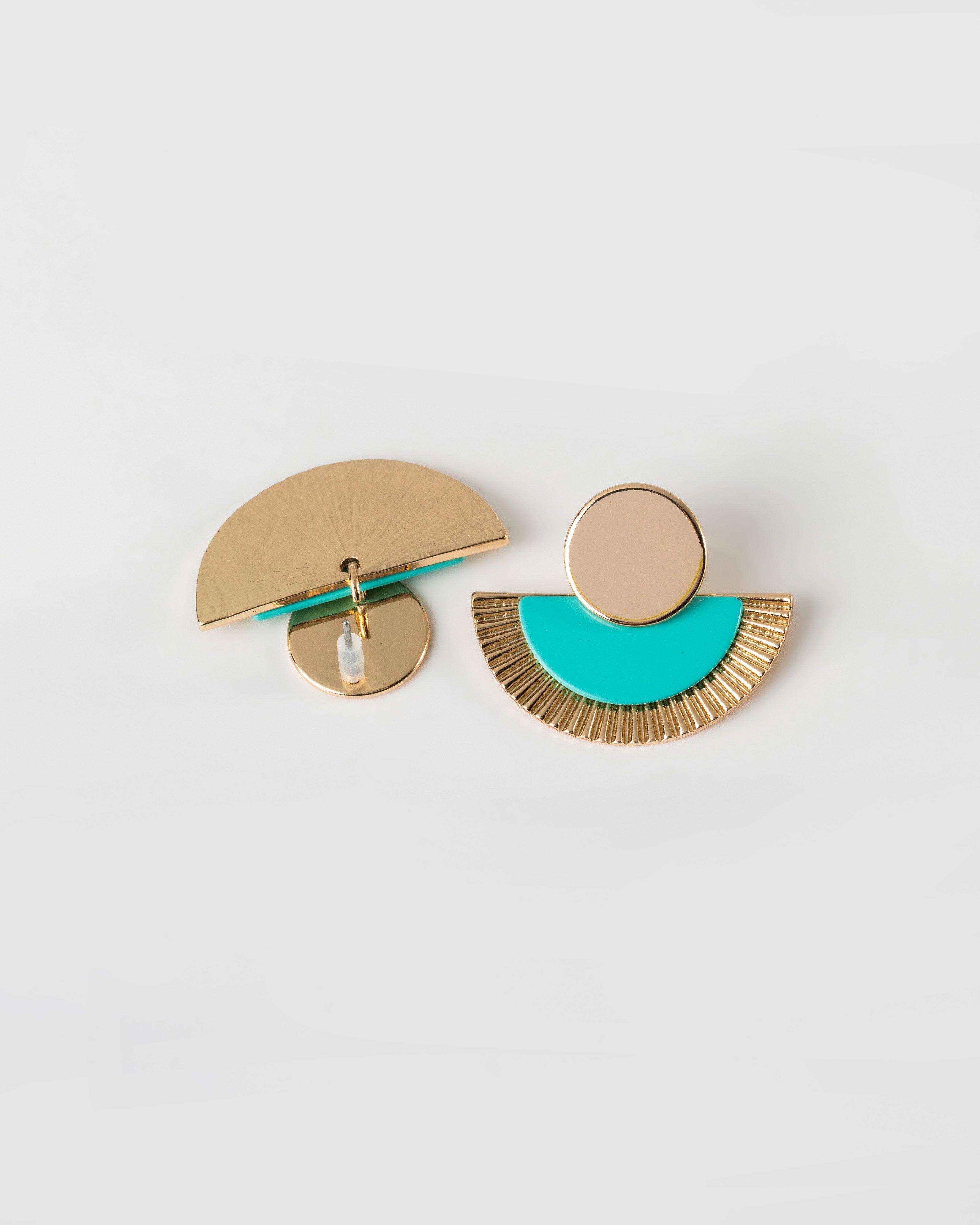 Textured metal fan and Epoxy Drop Earrings -  Blue