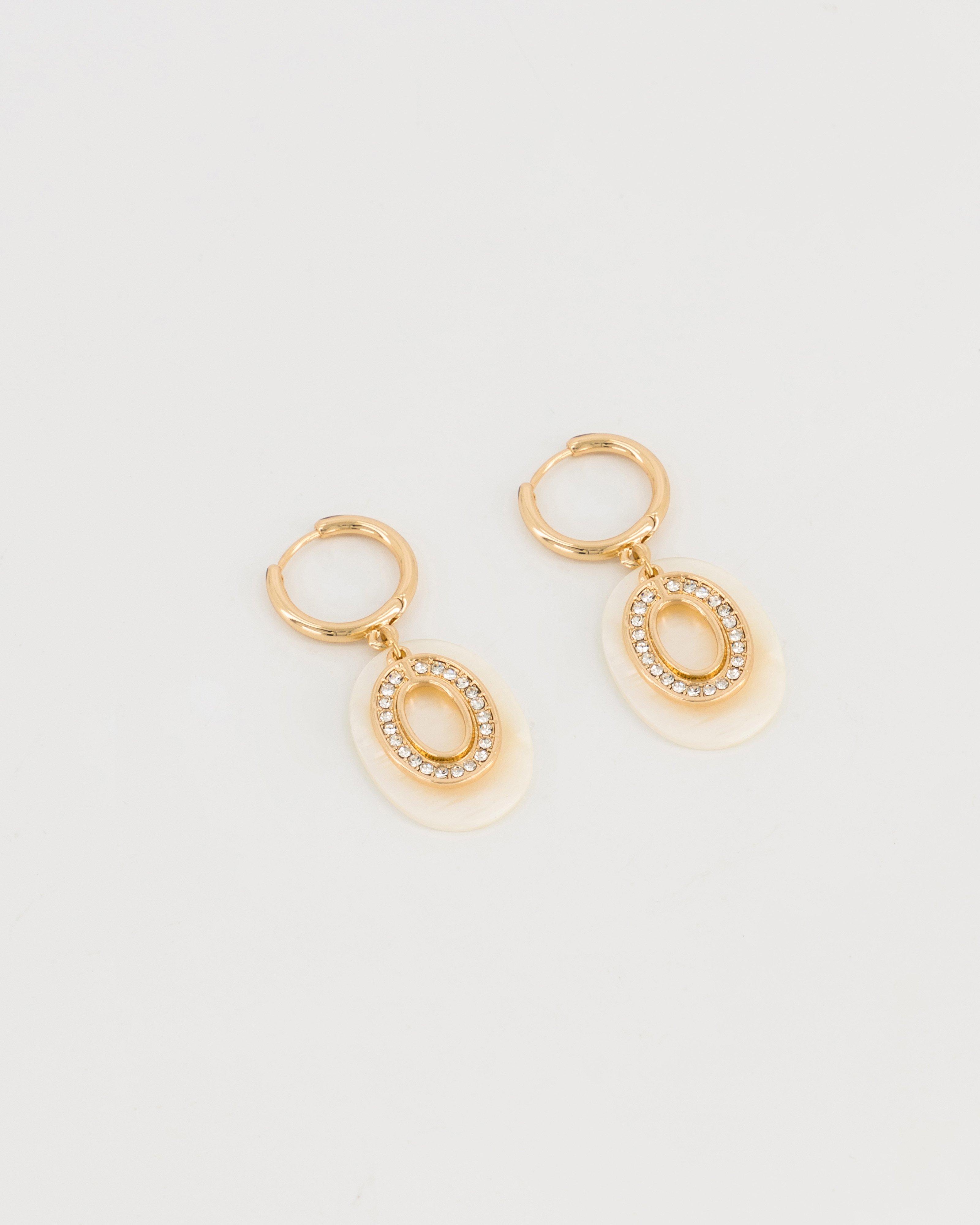 Cut-Out Circular Stones with Shell Drop Earrings -  Milk