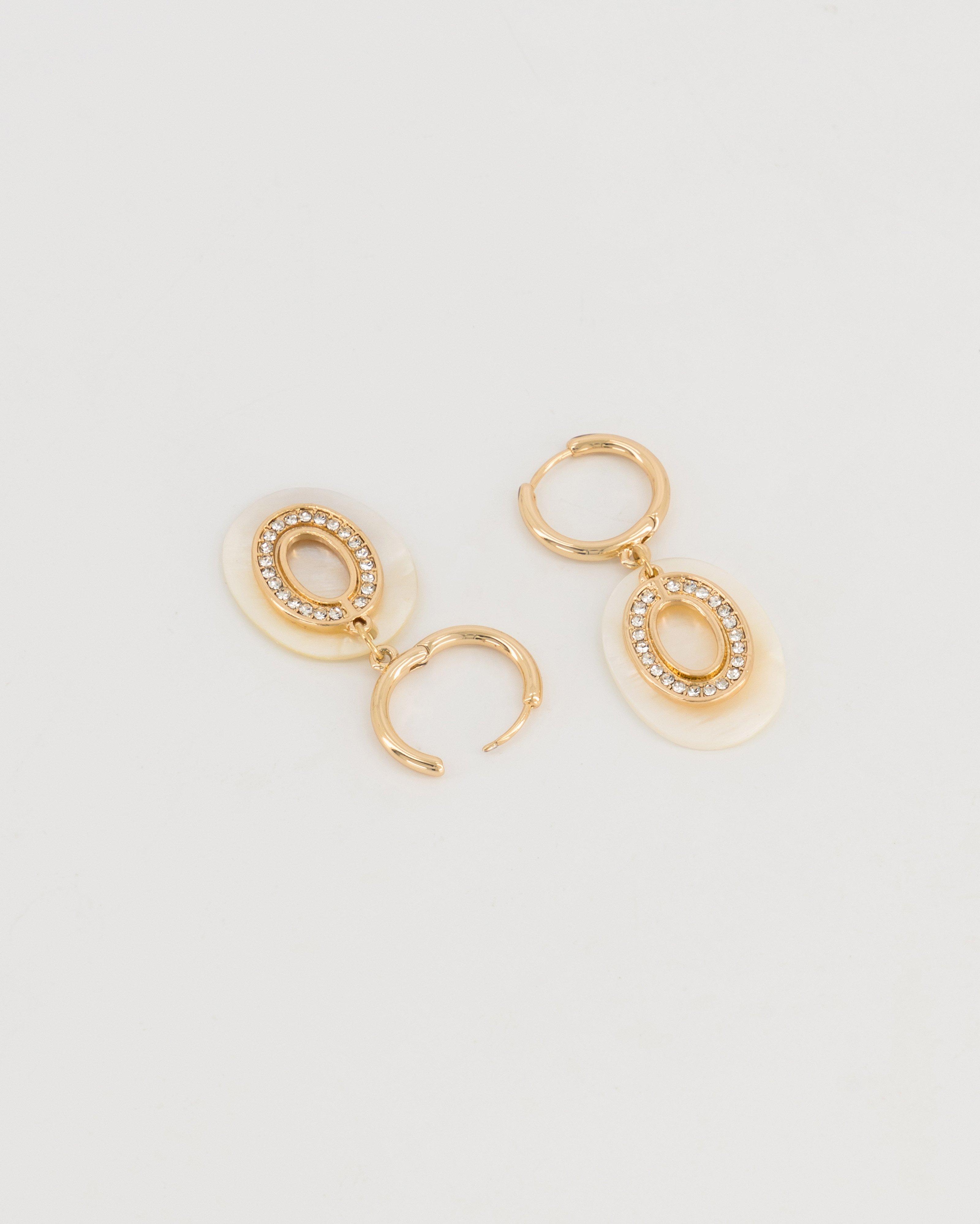 Cut-Out Circular Stones with Shell Drop Earrings -  Milk