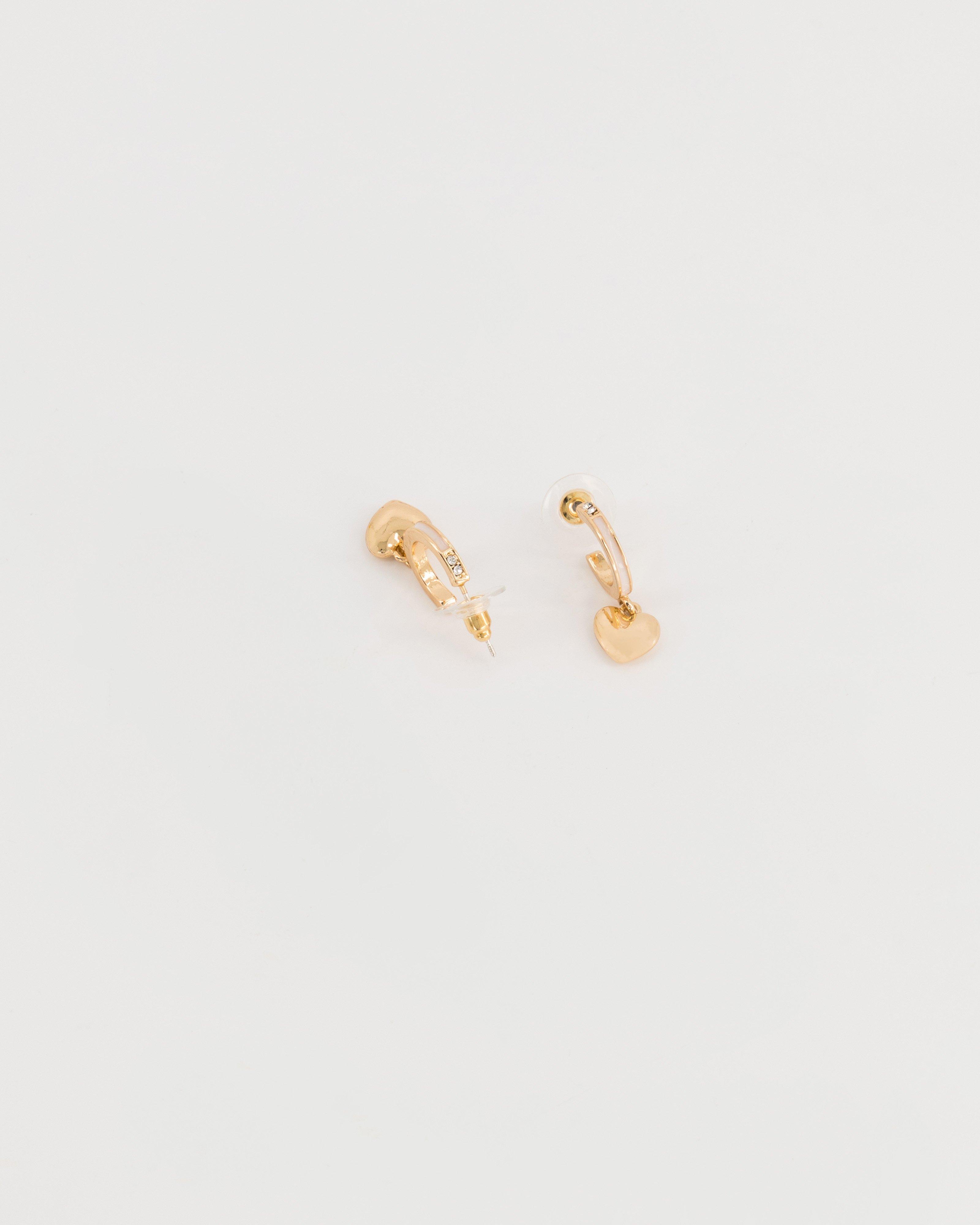 Solid Heart Charm Resin and Stone Huggie Earrings -  Gold