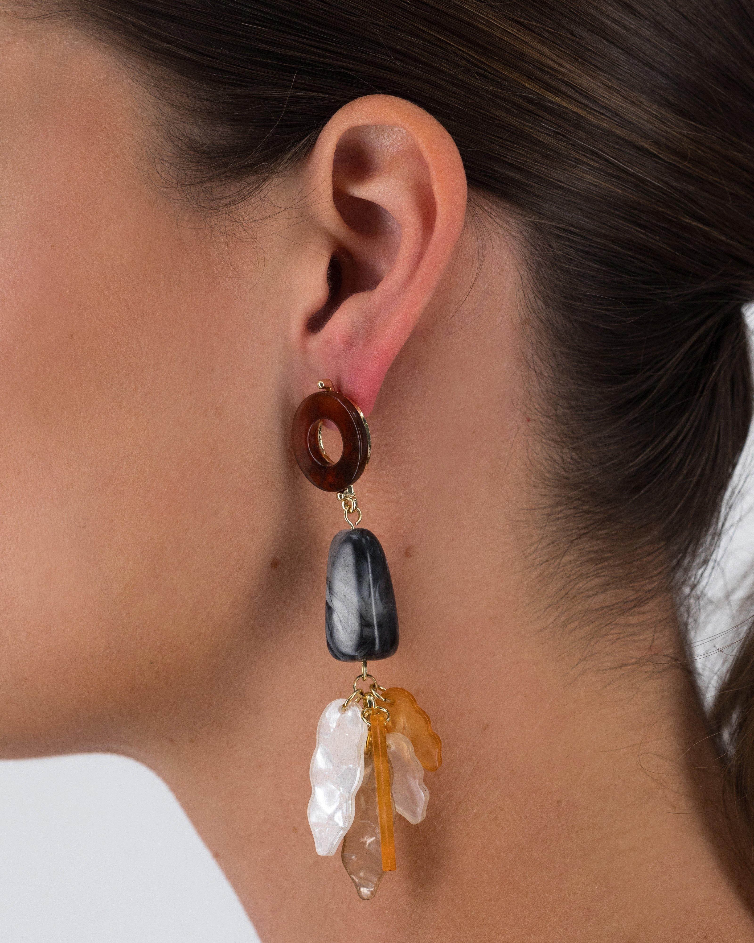 Circle With Organic Resin Petal Earrings -  Black