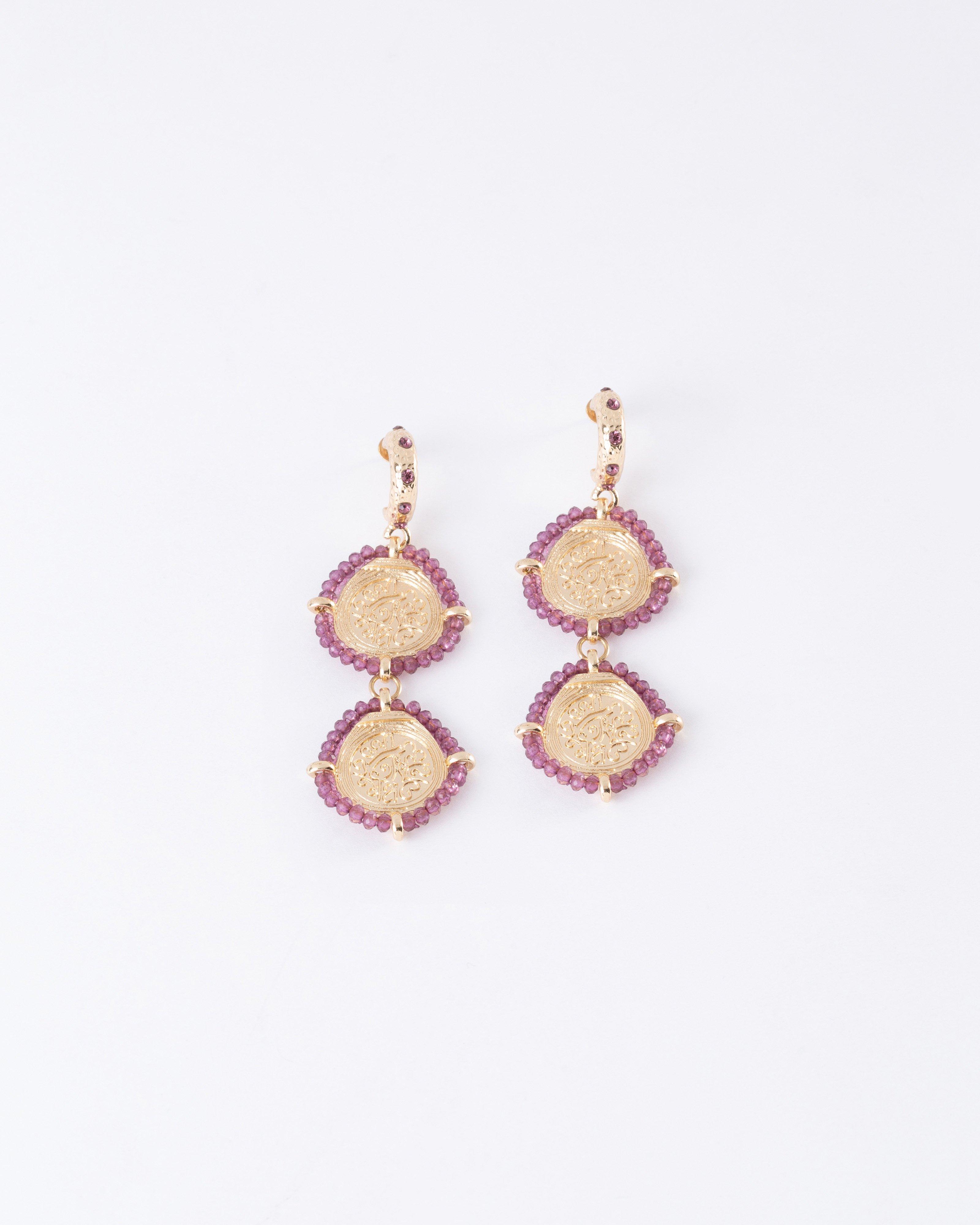 Beaded Double Circular Drop Earrings -  Purple