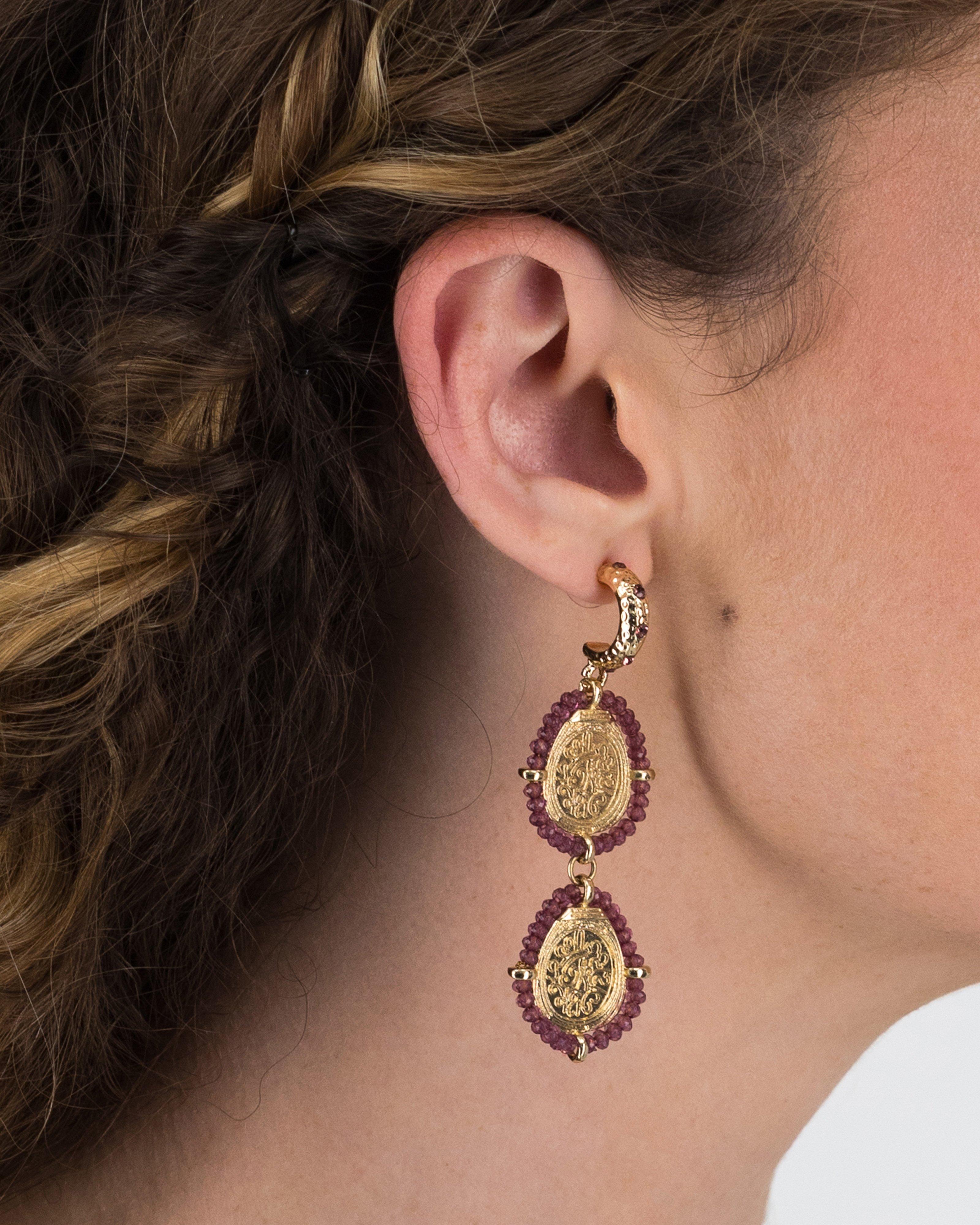 Beaded Double Circular Drop Earrings -  Purple