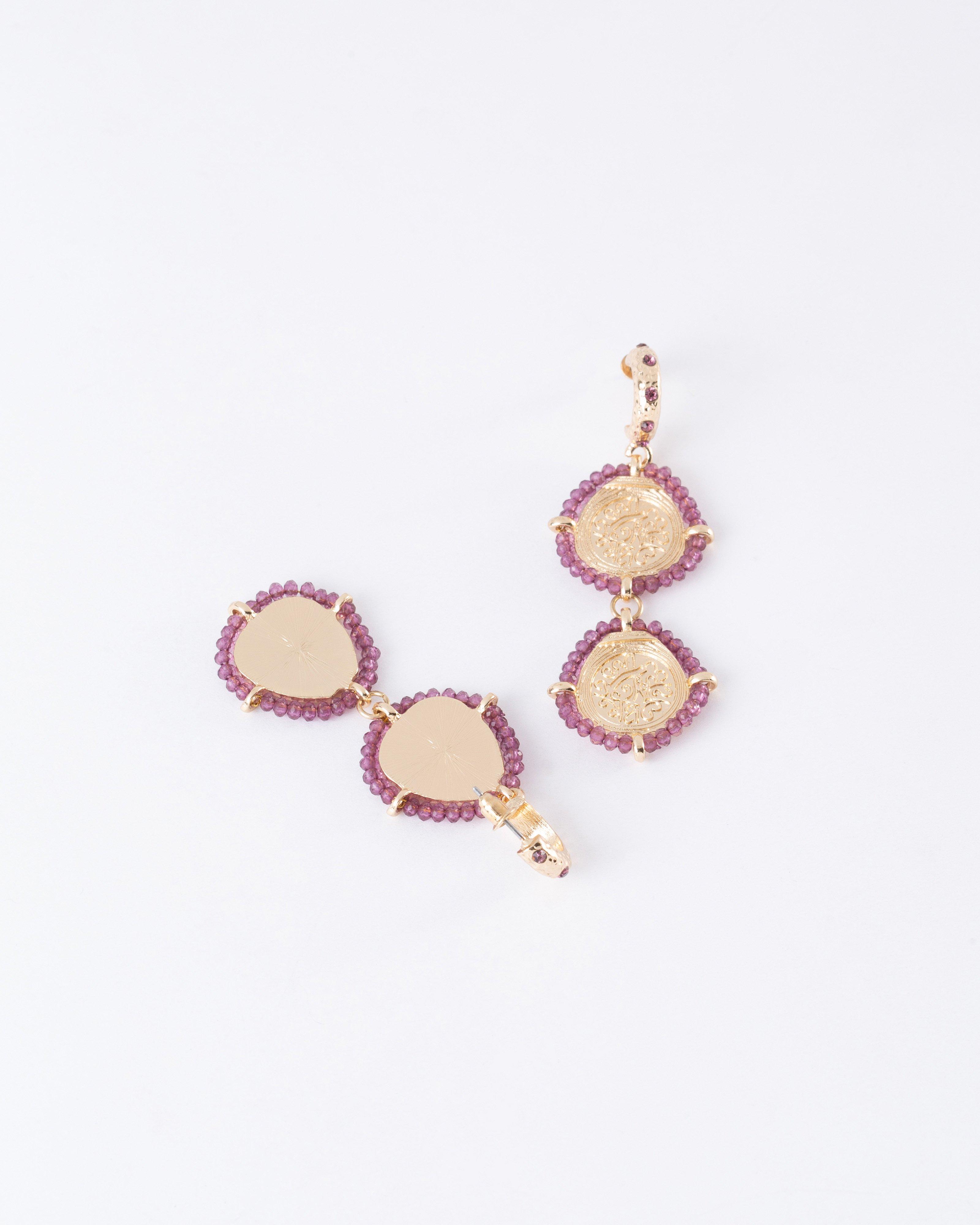 Beaded Double Circular Drop Earrings -  Purple