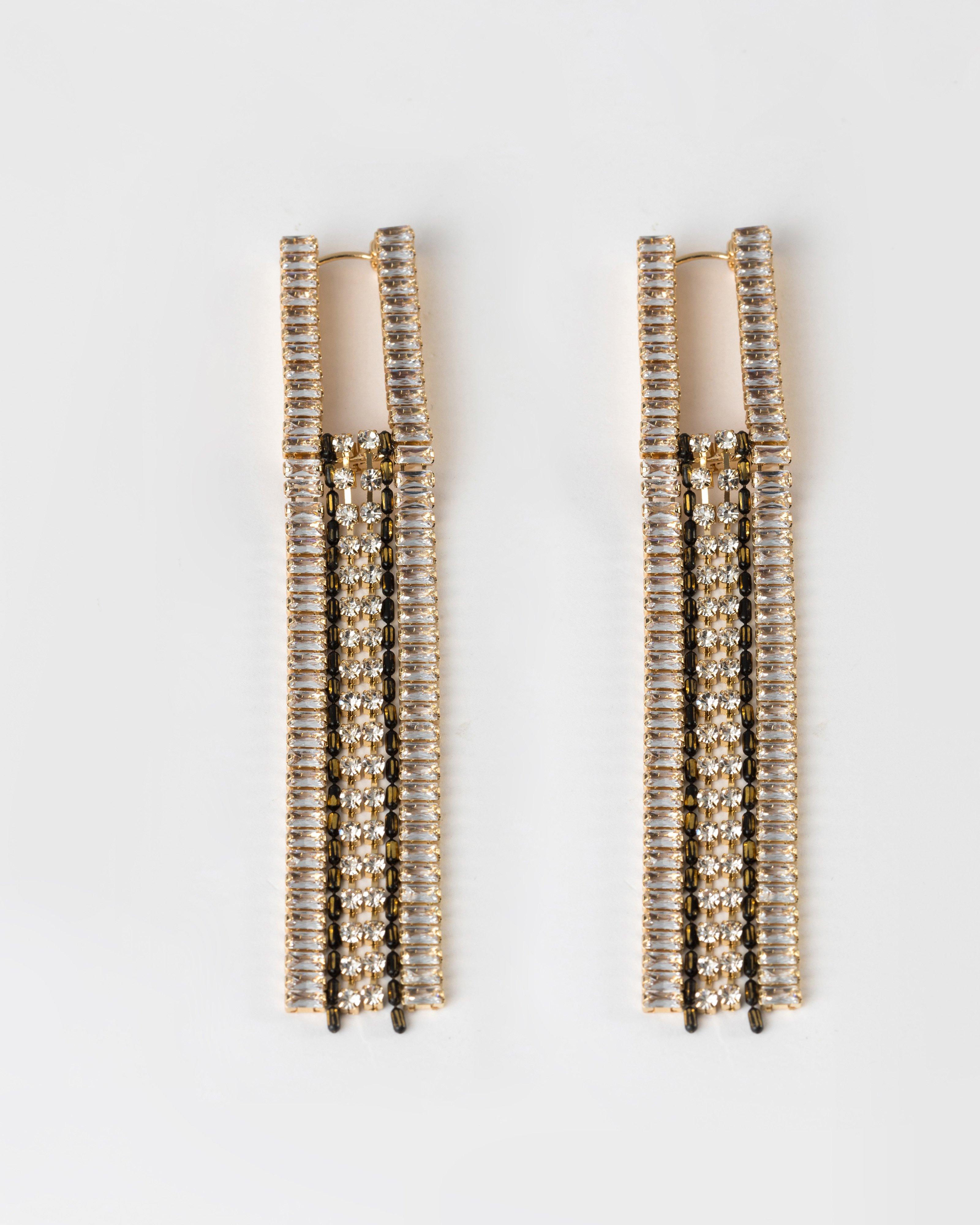 Chunky Waterfall Chain and Diamante Drop Earrings -  Gold