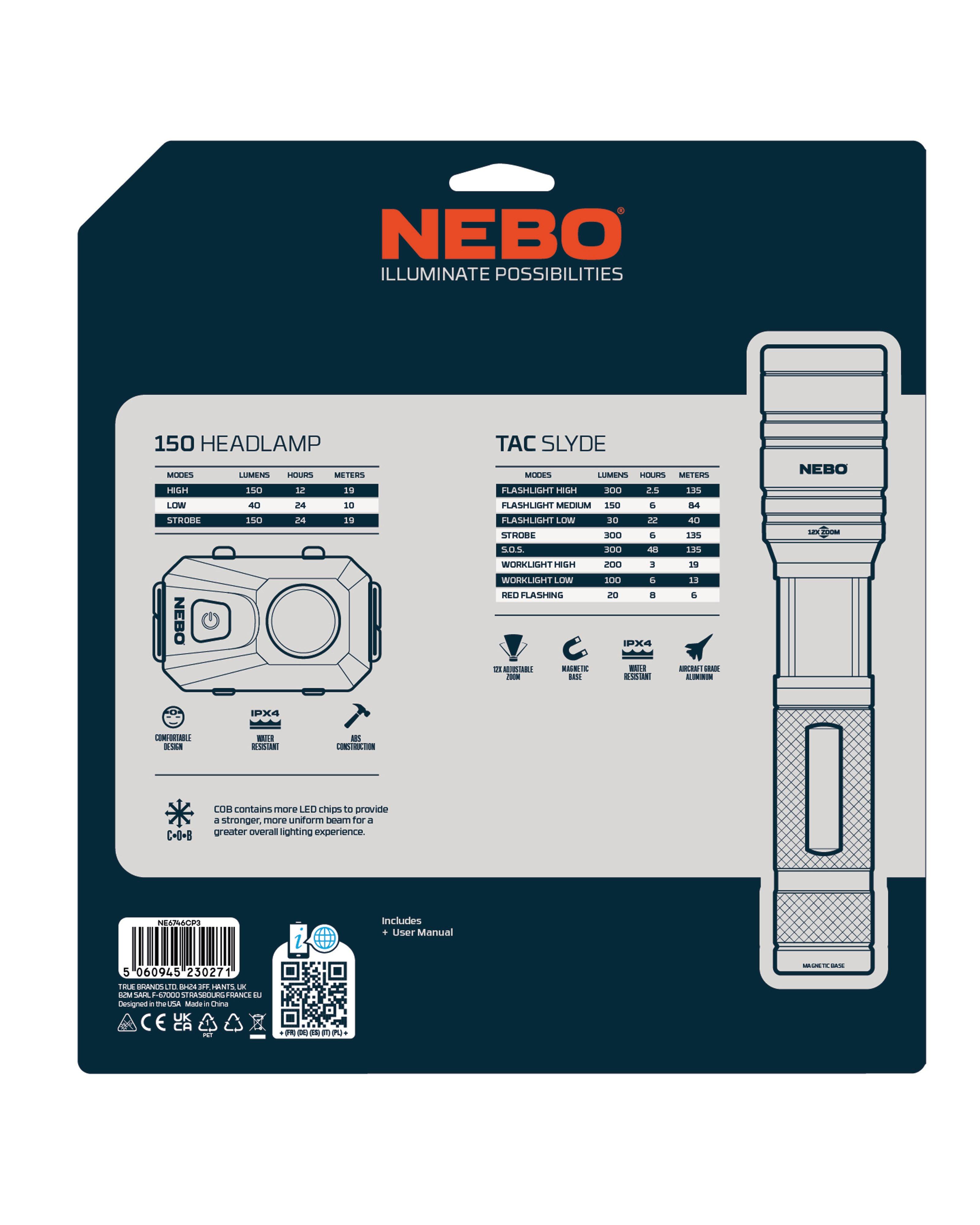 Nebo Tac Slyde Torch & 150 Lumen Headlamp Combo -  Grey
