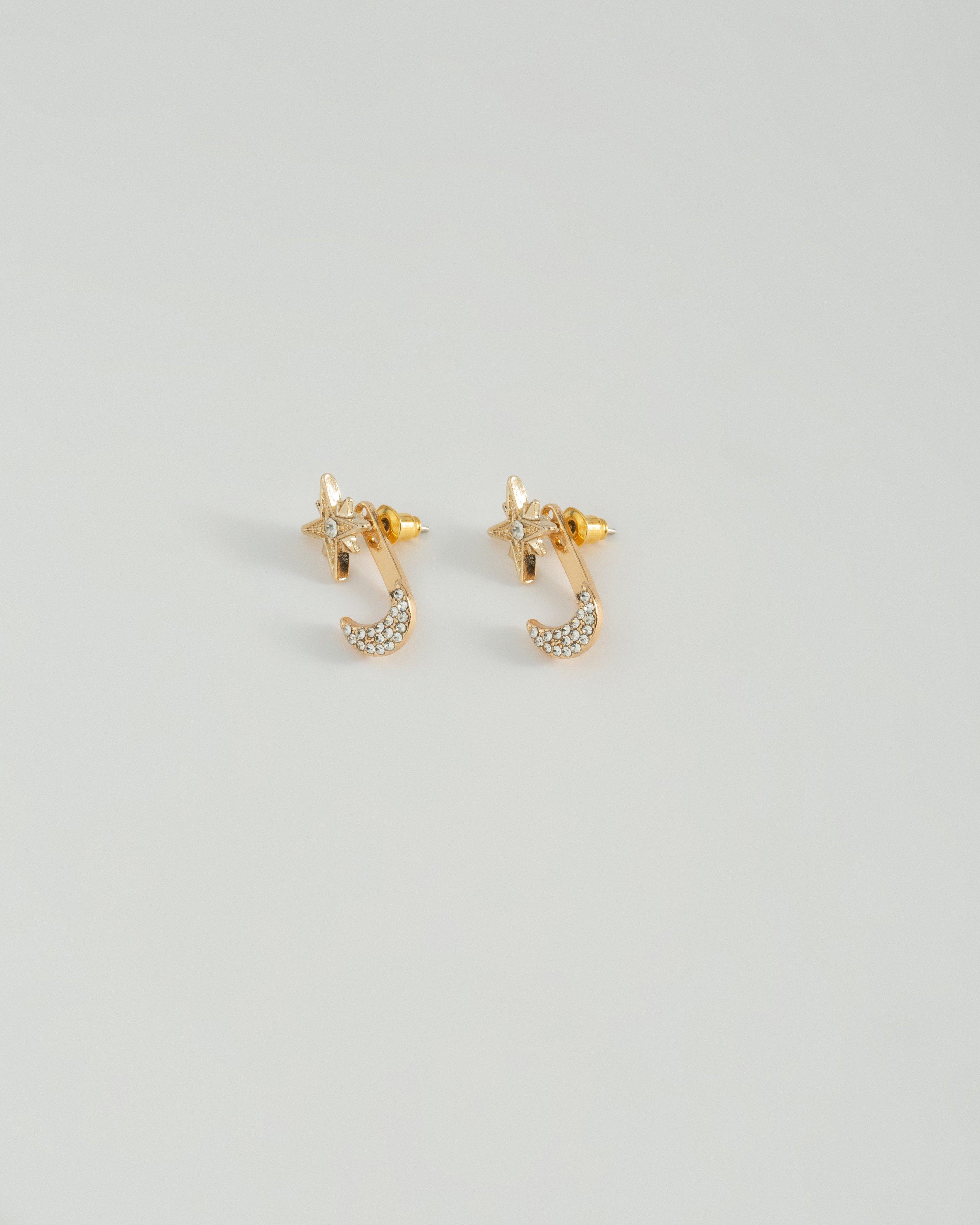 Star and Moon Peekaboo Stud Earrings -  Gold