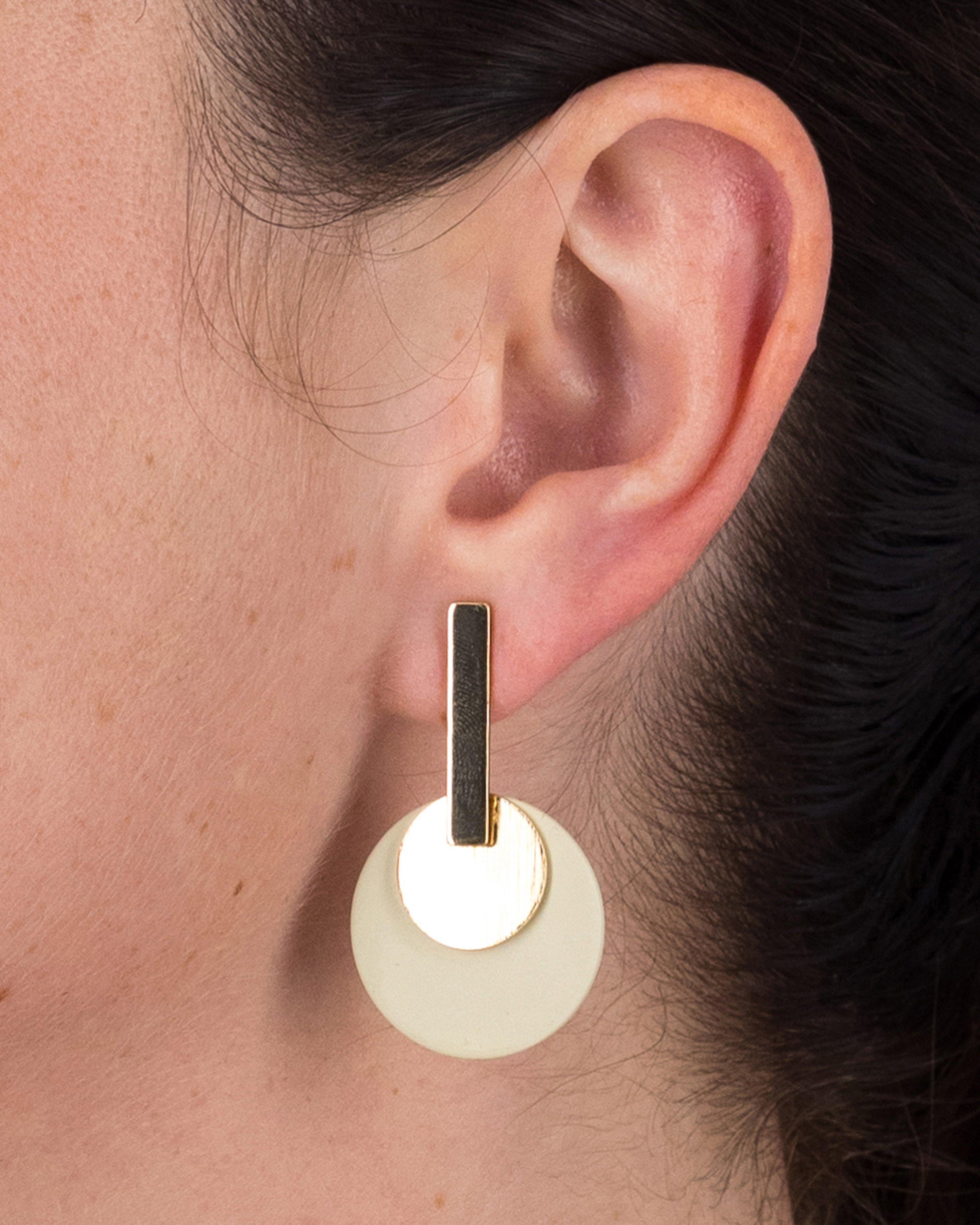 Double Disk Epoxy and Bar Drop Earrings  -  Nude