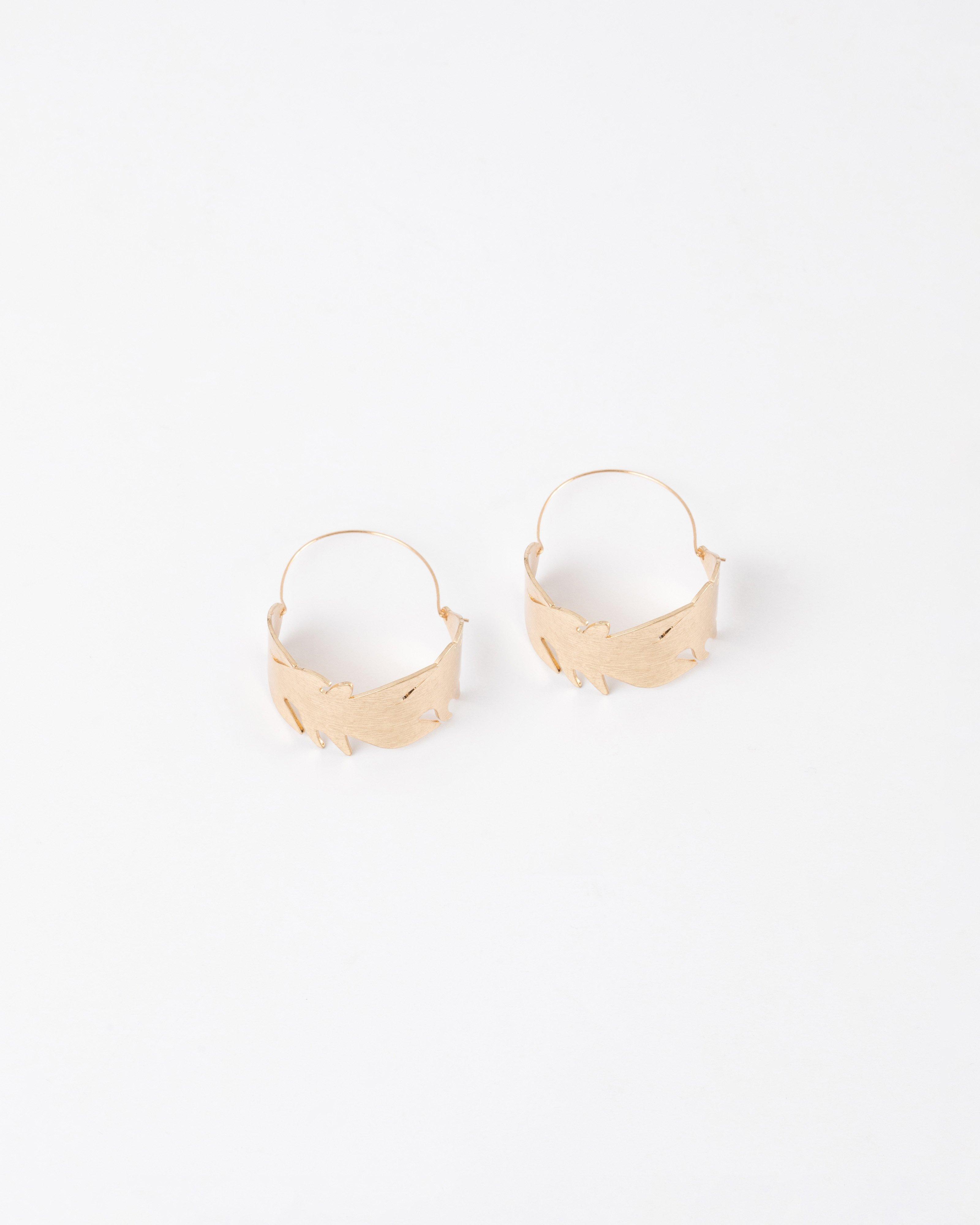 Hammered Leaf Hoop Earrings -  Gold