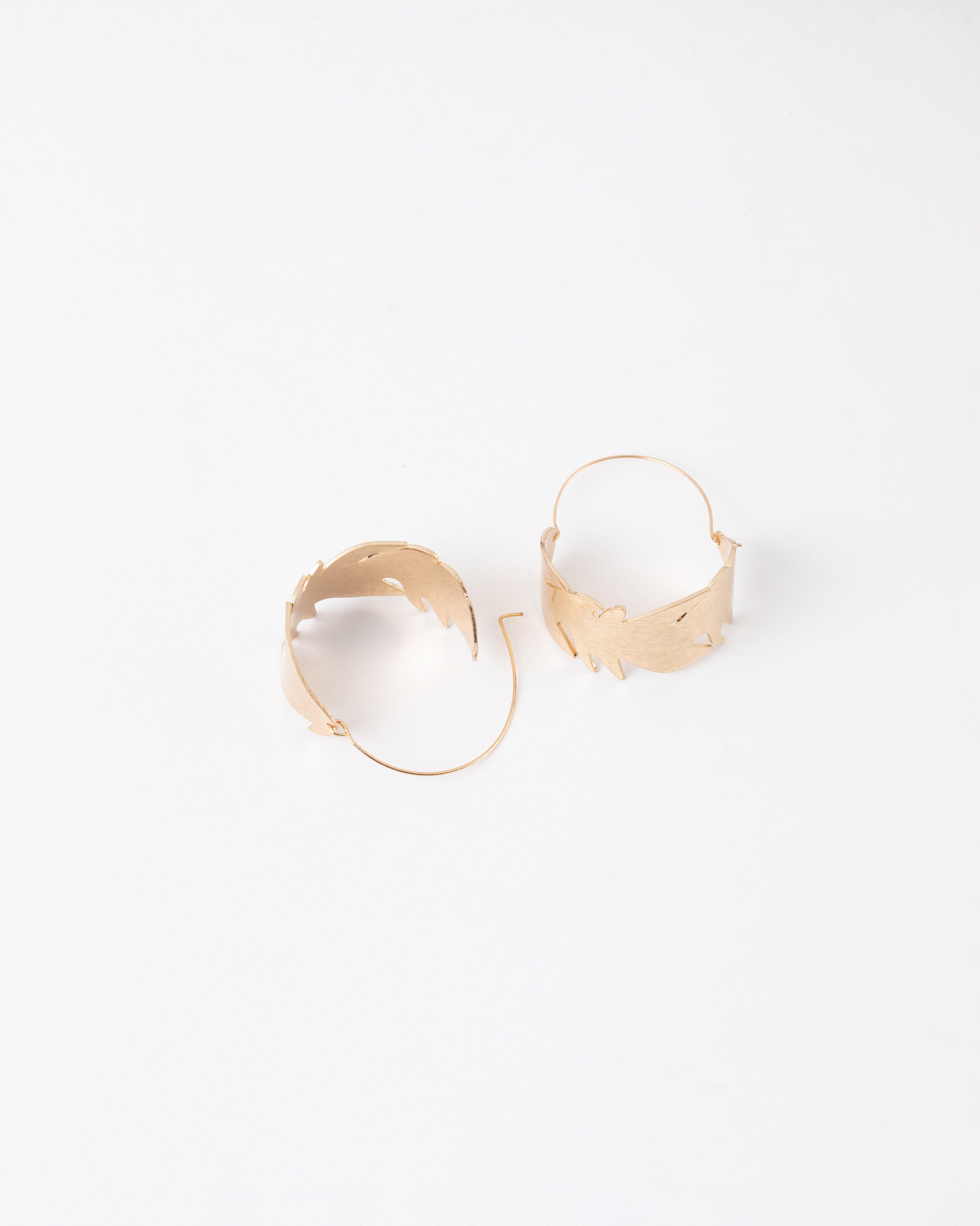 Hammered Leaf Hoop Earrings -  Gold