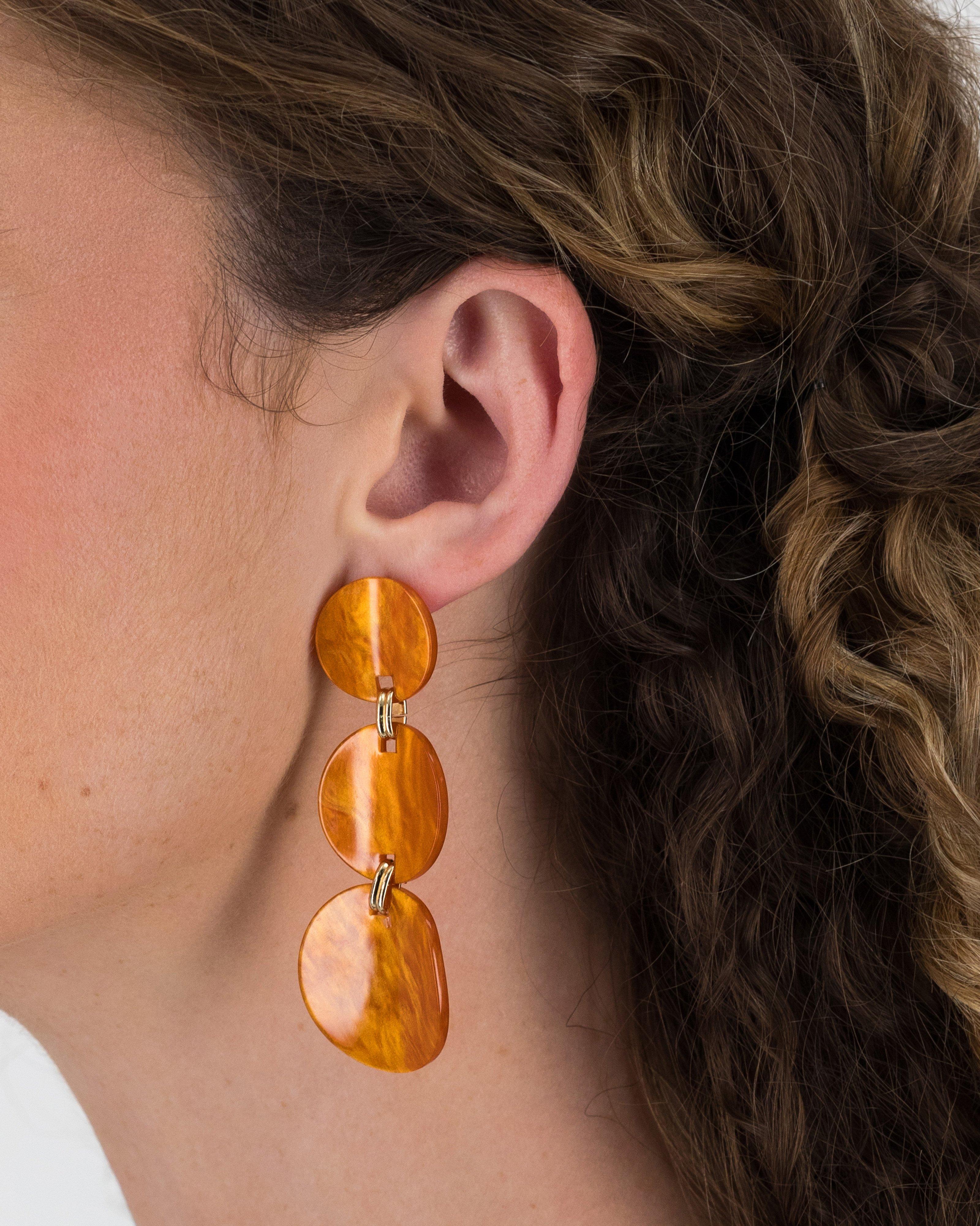 Three Tier Brushed Disk Earrings -  Orange