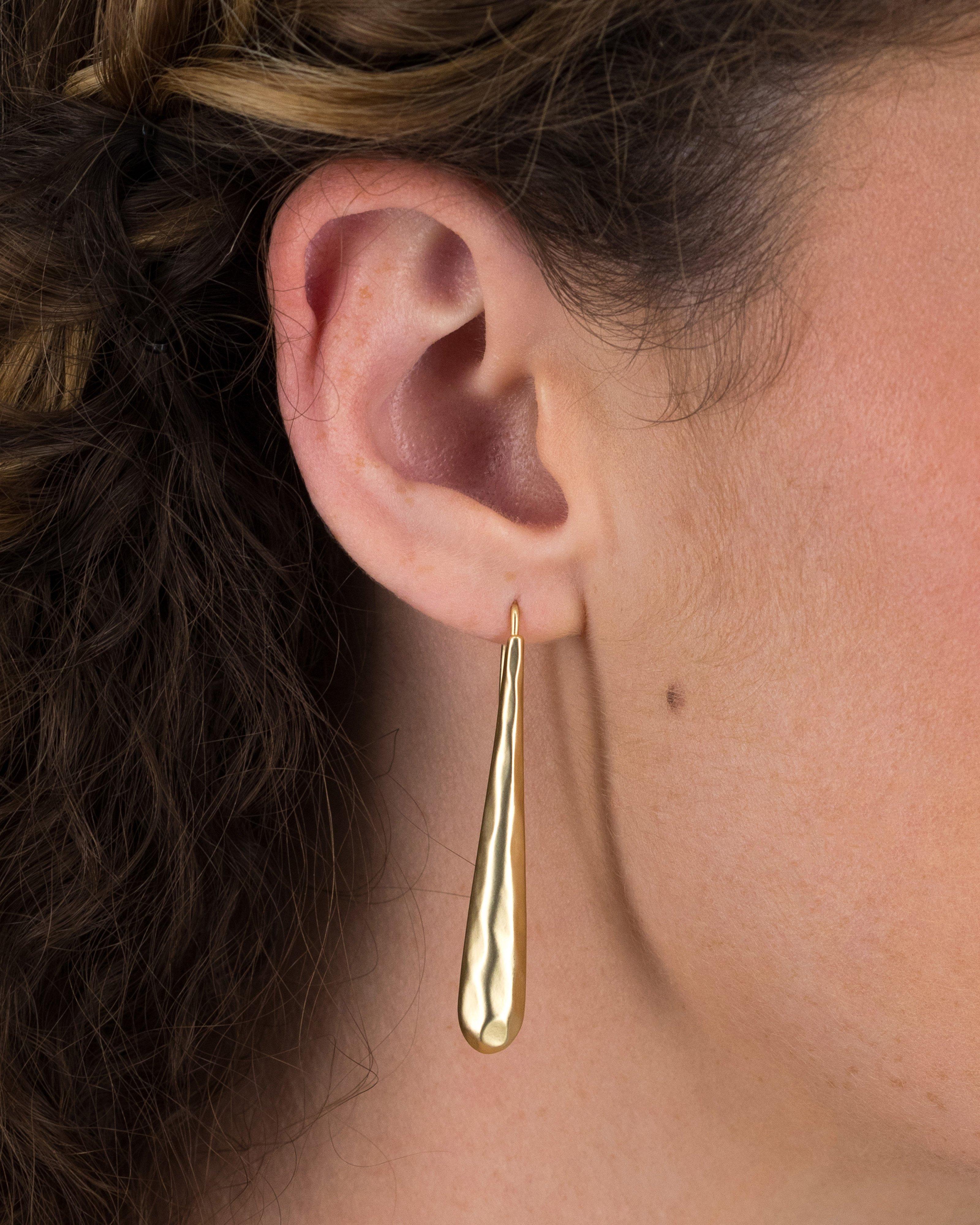 Elongated Beaten Metal Teardrop Earrings -  Gold