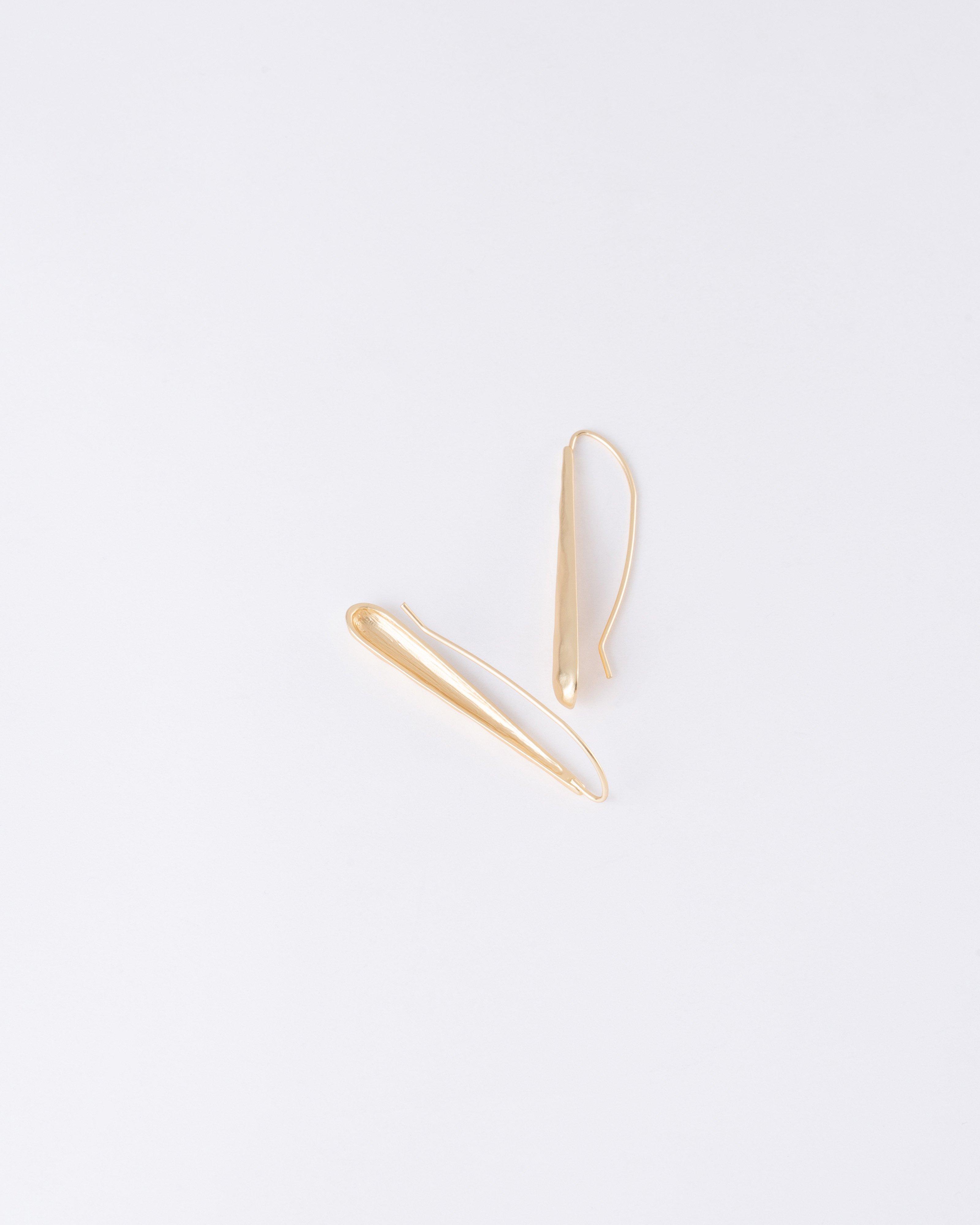 Elongated Beaten Metal Teardrop Earrings -  Gold